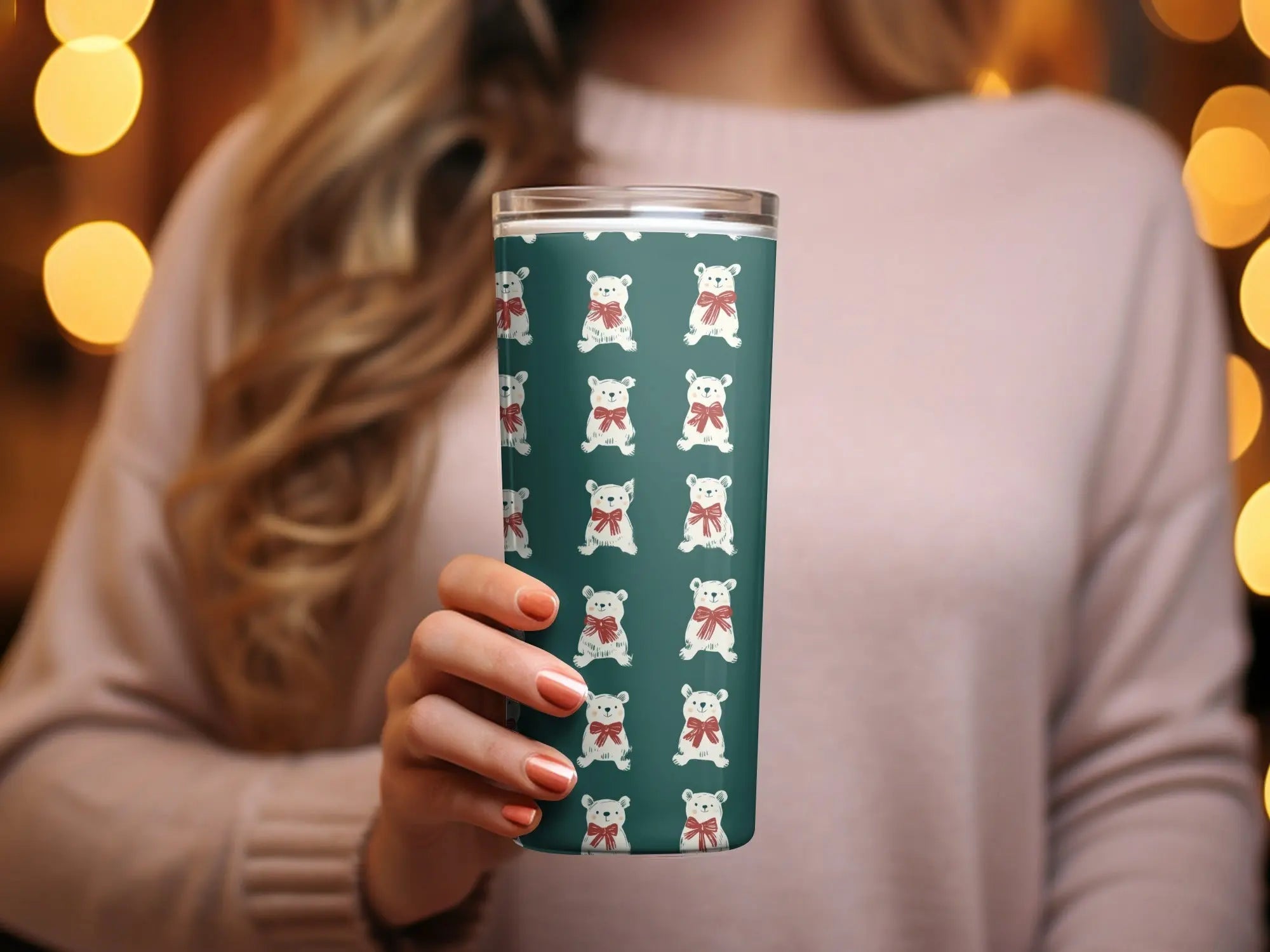 Bear Digital Pattern, Seamless Pattern, Cute Animal Print, Repeating Polar Bear Design, Forest Green Background, Bear with Red Bow - Moore and Mountain