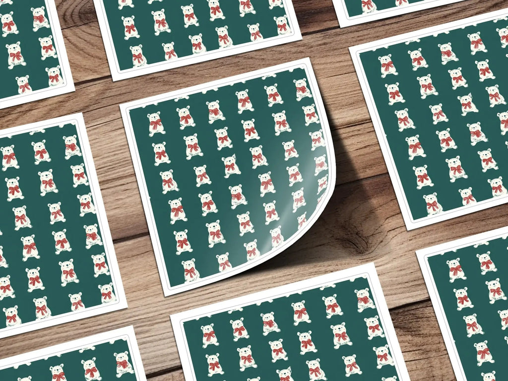 Bear Digital Pattern, Seamless Pattern, Cute Animal Print, Repeating Polar Bear Design, Forest Green Background, Bear with Red Bow - Moore and Mountain