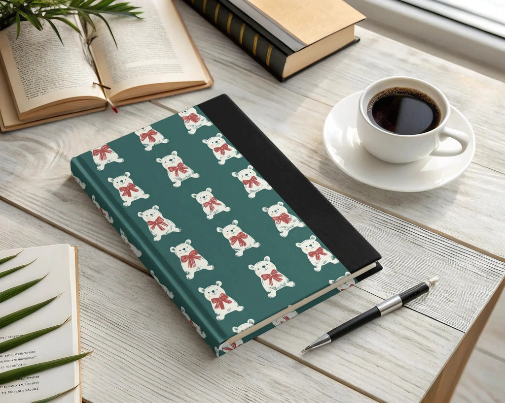 Bear Digital Pattern, Seamless Pattern, Cute Animal Print, Repeating Polar Bear Design, Forest Green Background, Bear with Red Bow - Moore and Mountain