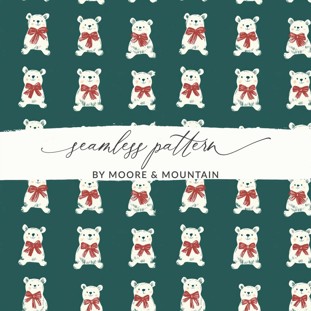 Bear Digital Pattern, Seamless Pattern, Cute Animal Print, Repeating Polar Bear Design, Forest Green Background, Bear with Red Bow - Moore and Mountain