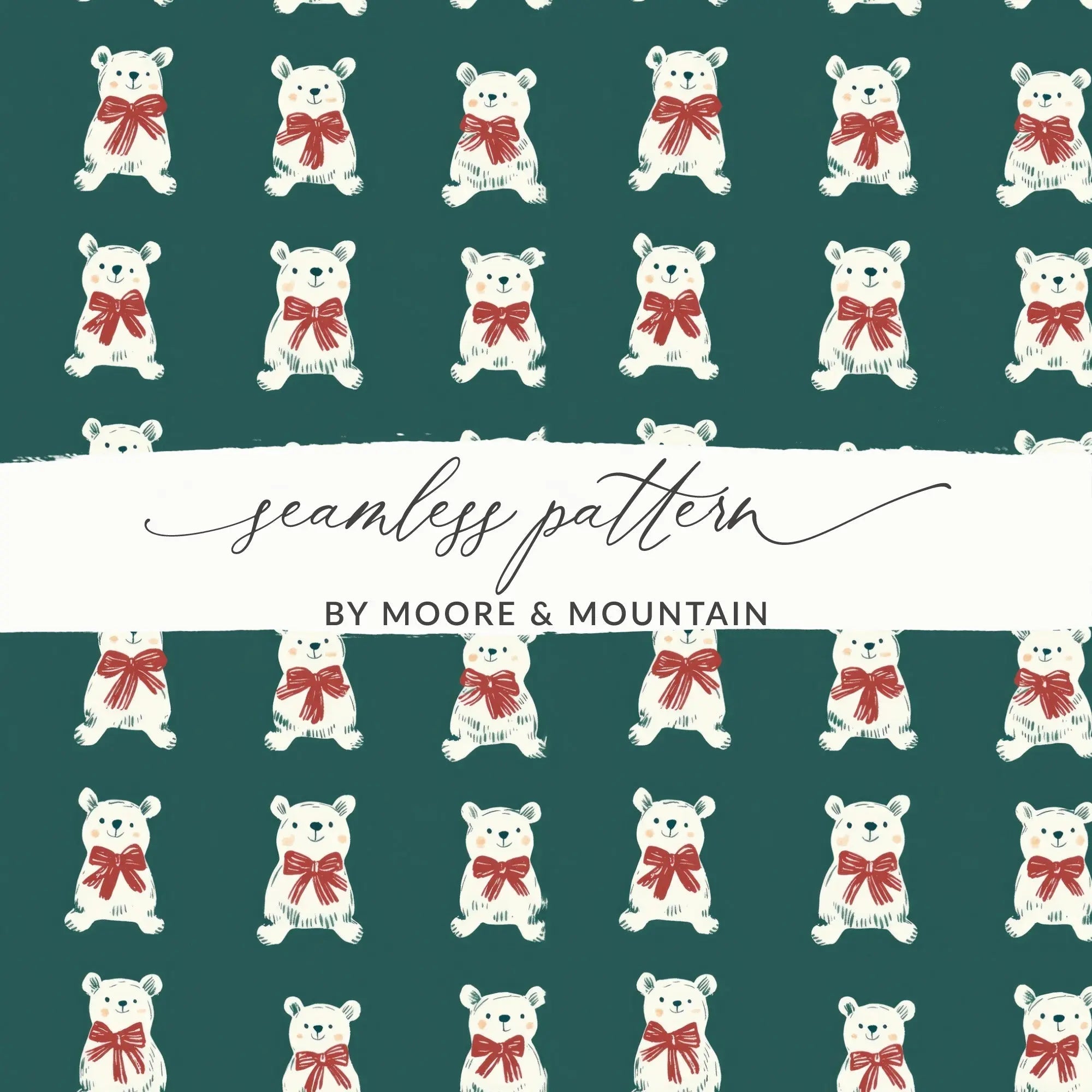 Bear Digital Pattern, Seamless Pattern, Cute Animal Print, Repeating Polar Bear Design, Forest Green Background, Bear with Red Bow - Moore and Mountain