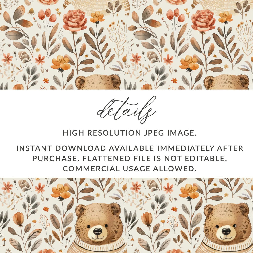 Bear Floral Pattern, Seamless Digital Paper, Fall Digital Download, JPEG Files, Watercolor Style, Cute Bear Print, Repeat Pattern, 12x12 - Moore and Mountain
