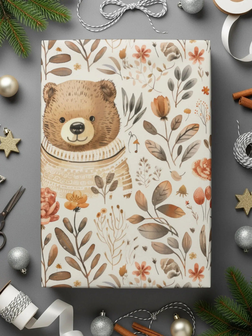 Bear Floral Pattern, Seamless Digital Paper, Fall Digital Download, JPEG Files, Watercolor Style, Cute Bear Print, Repeat Pattern, 12x12 - Moore and Mountain