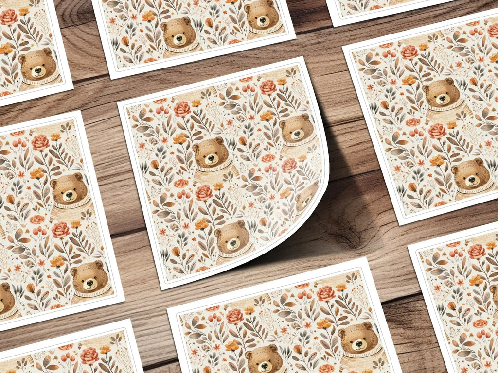 Bear Floral Pattern, Seamless Digital Paper, Fall Digital Download, JPEG Files, Watercolor Style, Cute Bear Print, Repeat Pattern, 12x12 - Moore and Mountain