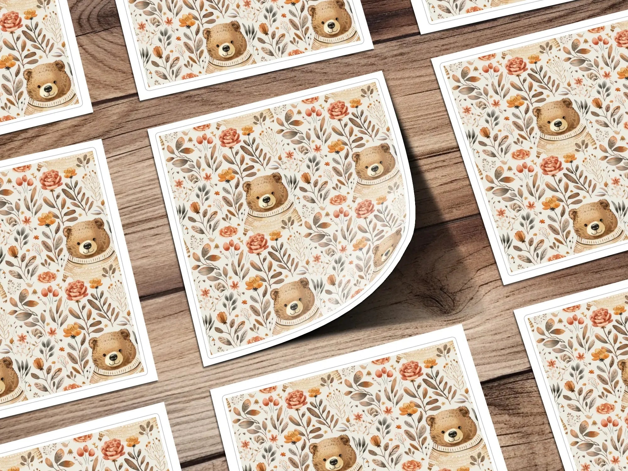 Bear Floral Pattern, Seamless Digital Paper, Fall Digital Download, JPEG Files, Watercolor Style, Cute Bear Print, Repeat Pattern, 12x12 - Moore and Mountain