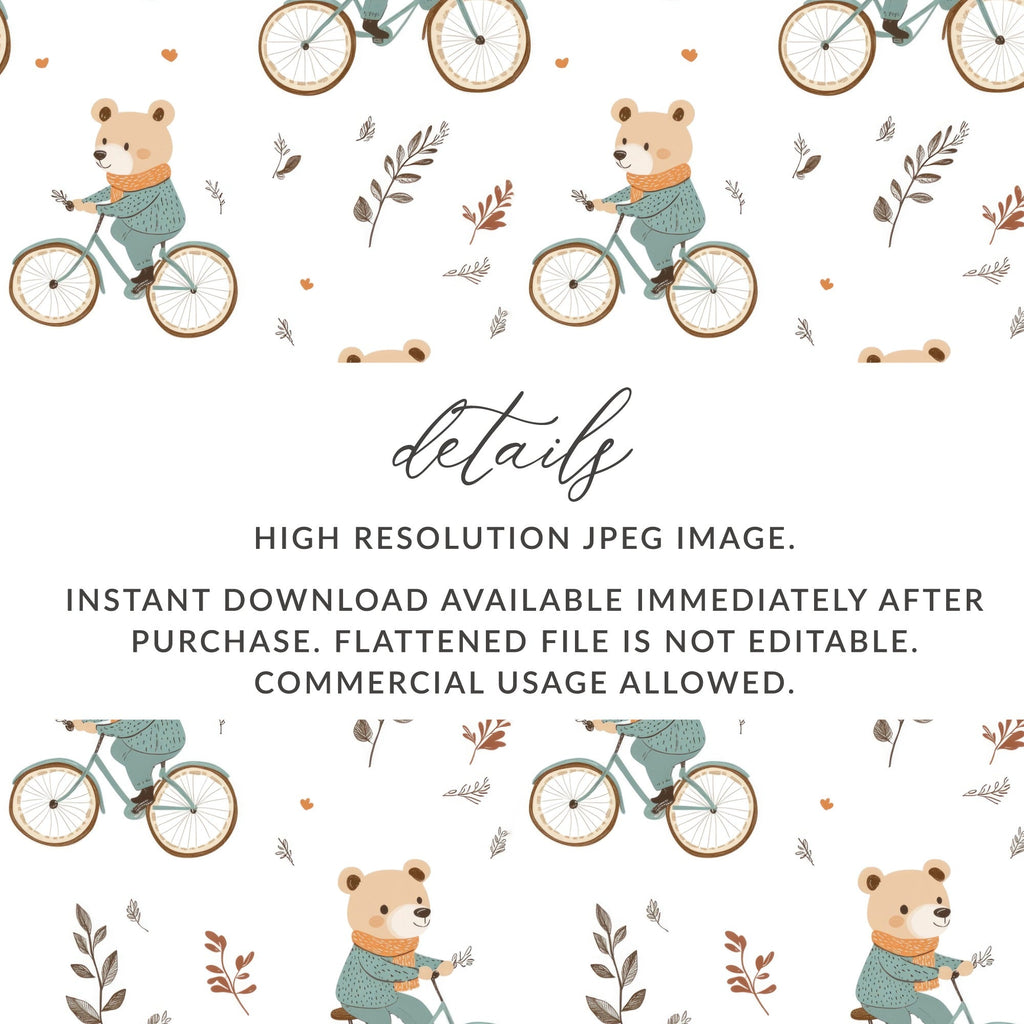 Bear on Bicycle Seamless Pattern, Cute Animal Digital Paper, Fall Autumn Kids Fabric Design, Digital Files for Commercial Use - Moore and Mountain