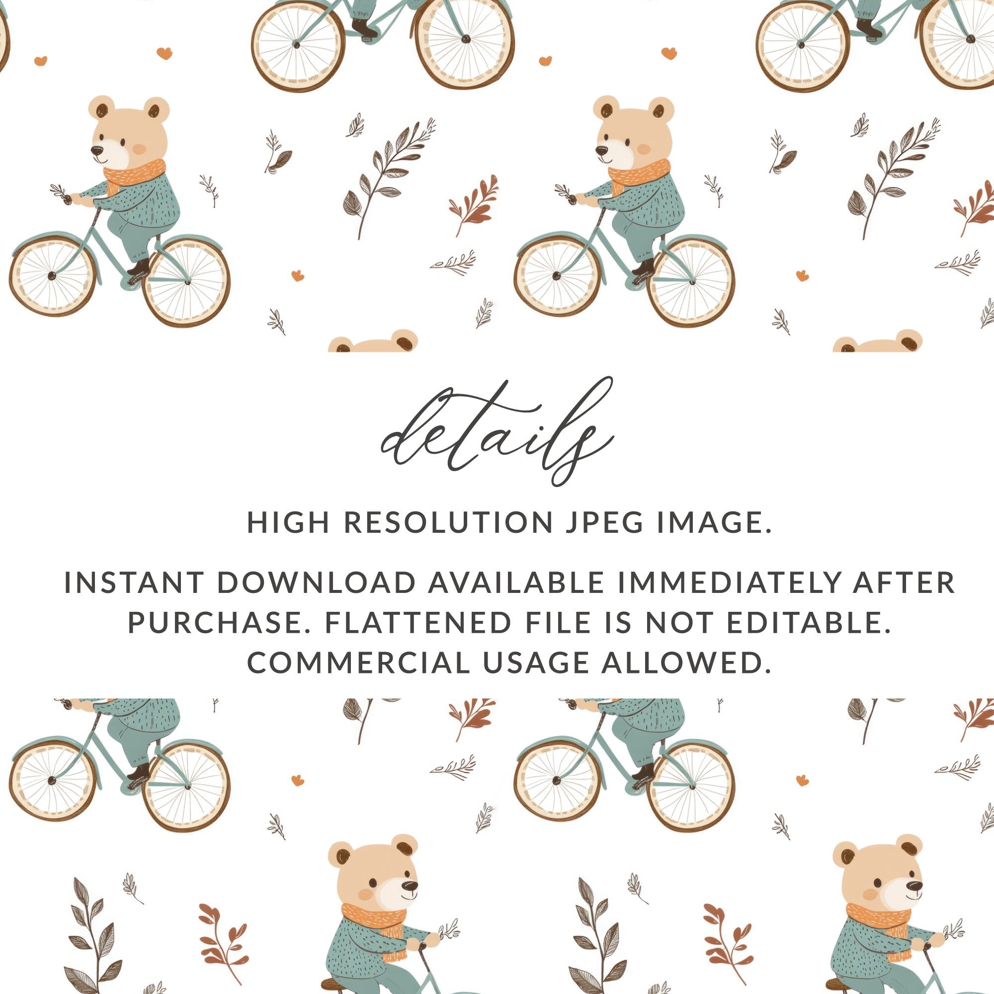 Bear on Bicycle Seamless Pattern, Cute Animal Digital Paper, Fall Autumn Kids Fabric Design, Digital Files for Commercial Use - Moore and Mountain