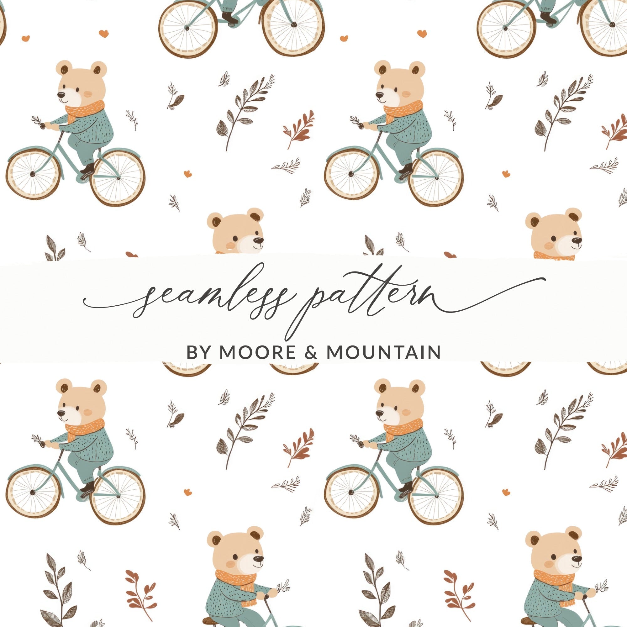 Bear on Bicycle Seamless Pattern, Cute Animal Digital Paper, Fall Autumn Kids Fabric Design, Digital Files for Commercial Use - Moore and Mountain
