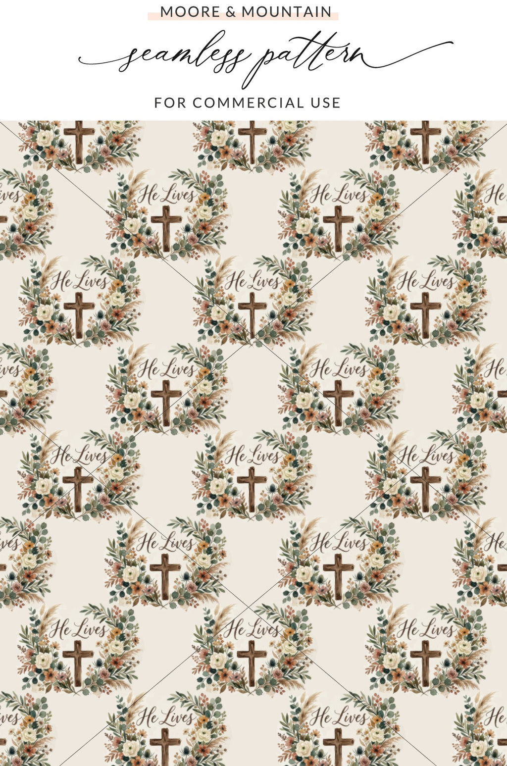 Religious Floral Cross He Lives Seamless Pattern product type
Seamless Pattern, He Lives, Cross Design, Floral Wreath, Christian Art, Religious Theme, Easter Design, Boho Style, Pampas Grass, Eucalyptus Greenery, Botanical Print, Digital Download, Fabric Printing, Surface Design, Spring Floral, Faith Inspired, Hope Symbol, Neutral Palette, Nature Motifs, Scripture Art
