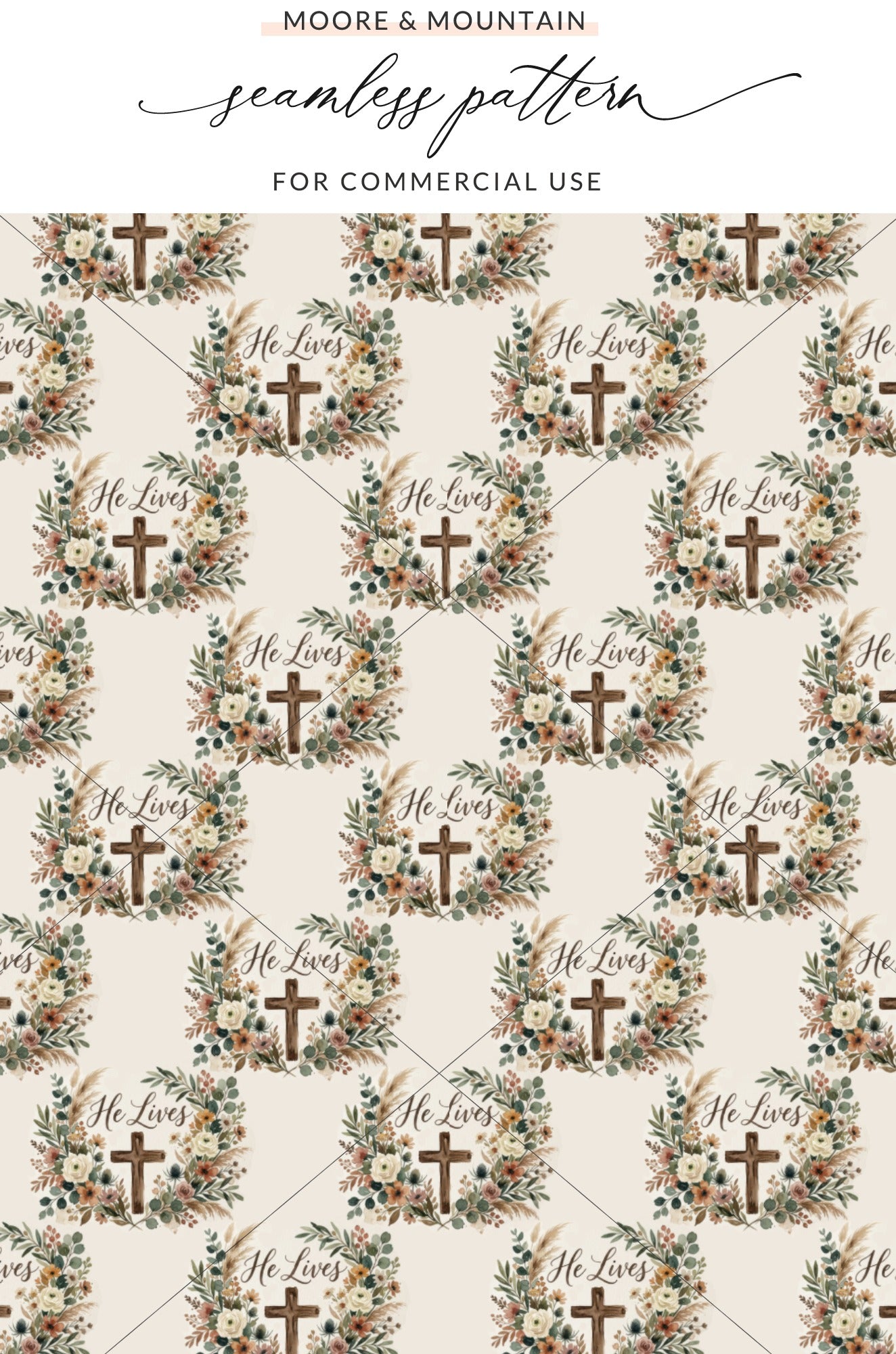 Religious Floral Cross He Lives Seamless Pattern product type
Seamless Pattern, He Lives, Cross Design, Floral Wreath, Christian Art, Religious Theme, Easter Design, Boho Style, Pampas Grass, Eucalyptus Greenery, Botanical Print, Digital Download, Fabric Printing, Surface Design, Spring Floral, Faith Inspired, Hope Symbol, Neutral Palette, Nature Motifs, Scripture Art