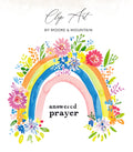 Rainbow with flowers and text "answered prayer".