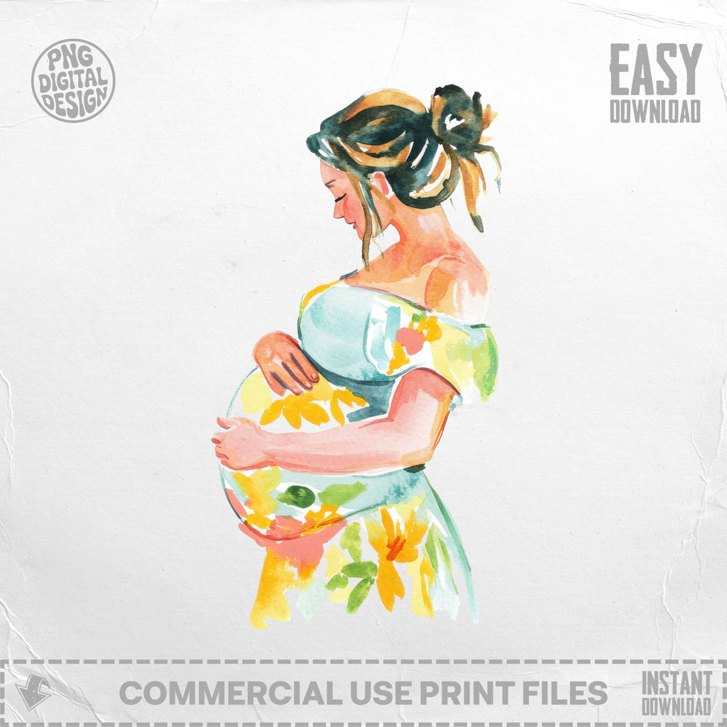 Watercolor painting of a pregnant woman wearing a floral dress, side profile.