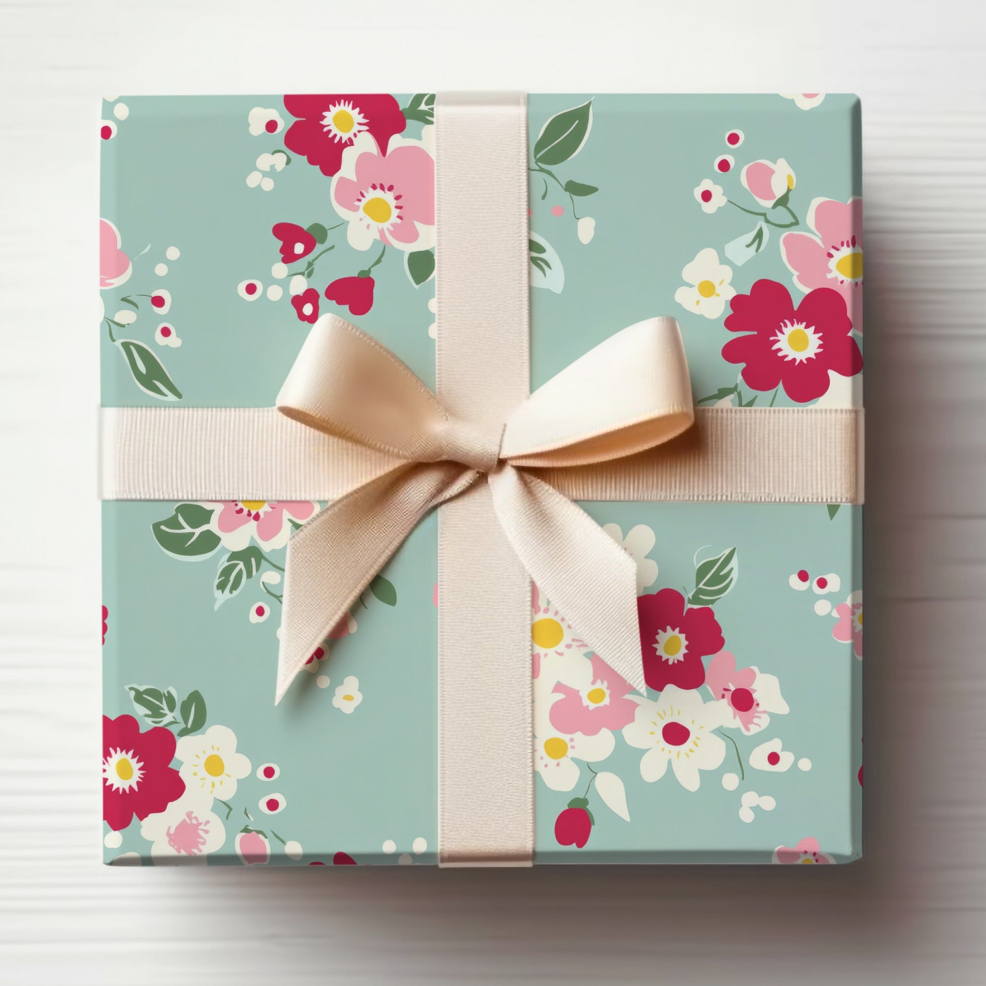 Floral Patterned Gift Box with Beige Ribbon