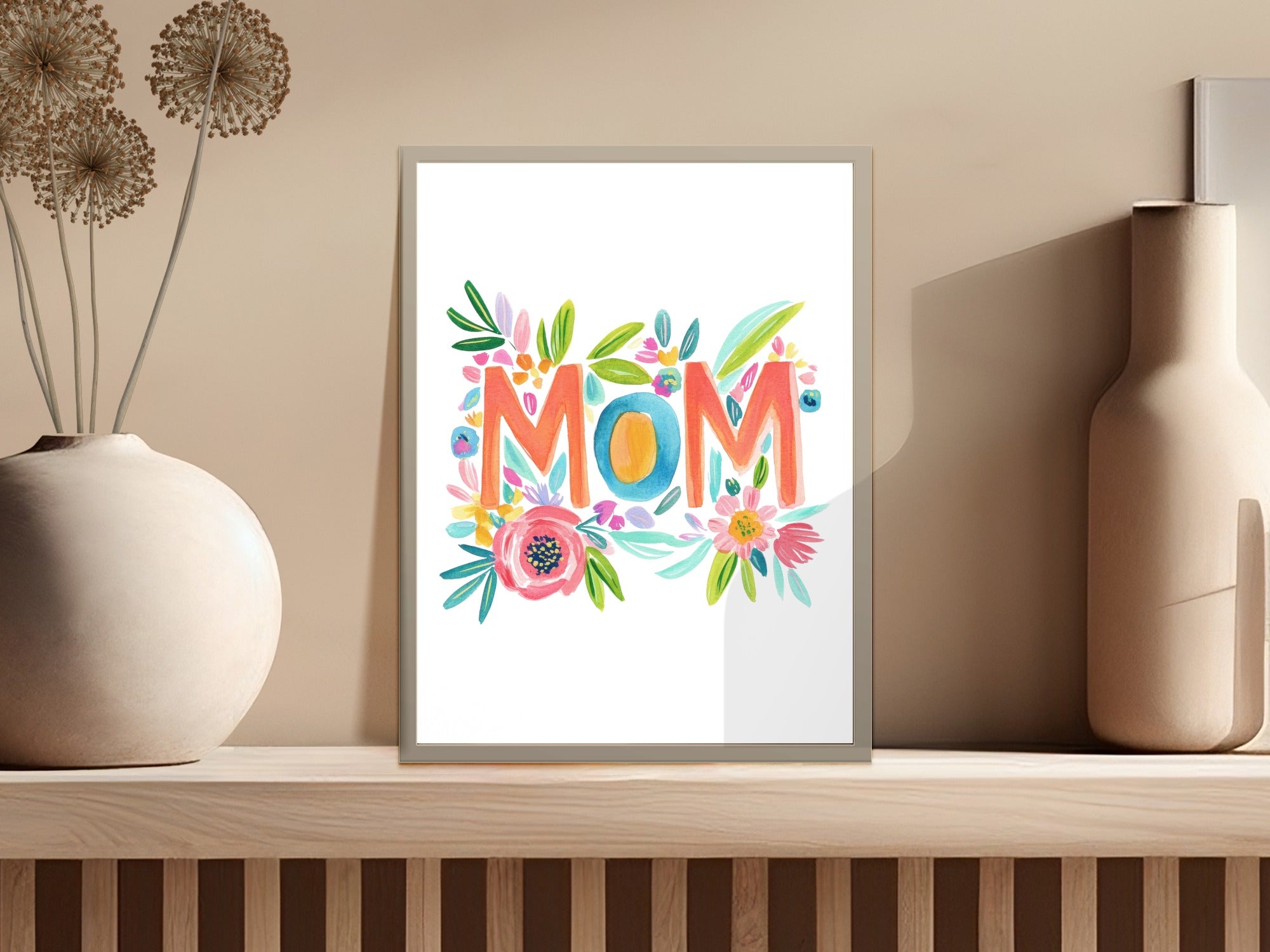 Colorful "MOM" text surrounded by floral watercolor art.