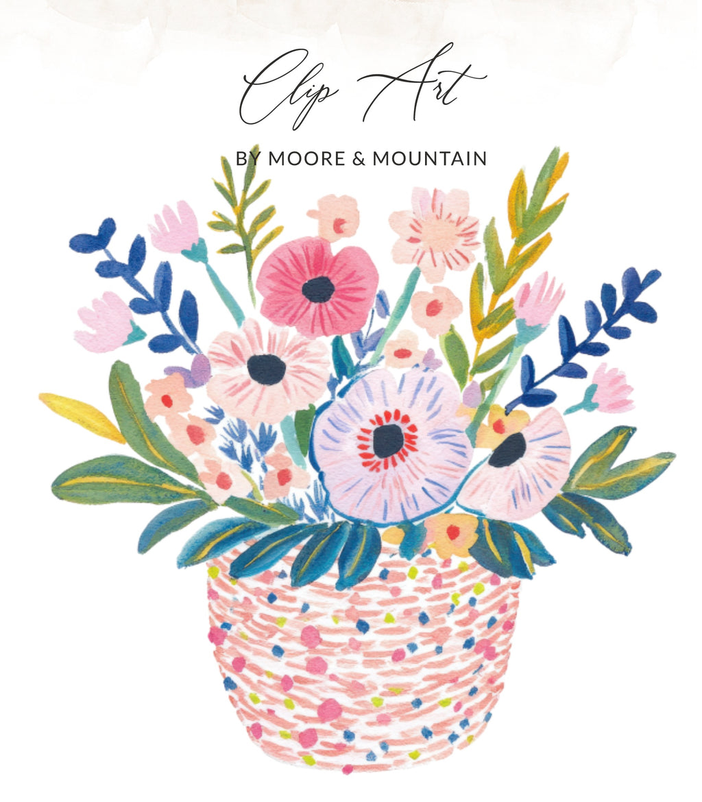 Colorful floral arrangement in a patterned basket with "Clip Art by Moore & Mountain" text.
