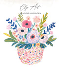 Colorful floral arrangement in a patterned basket with "Clip Art by Moore & Mountain" text.