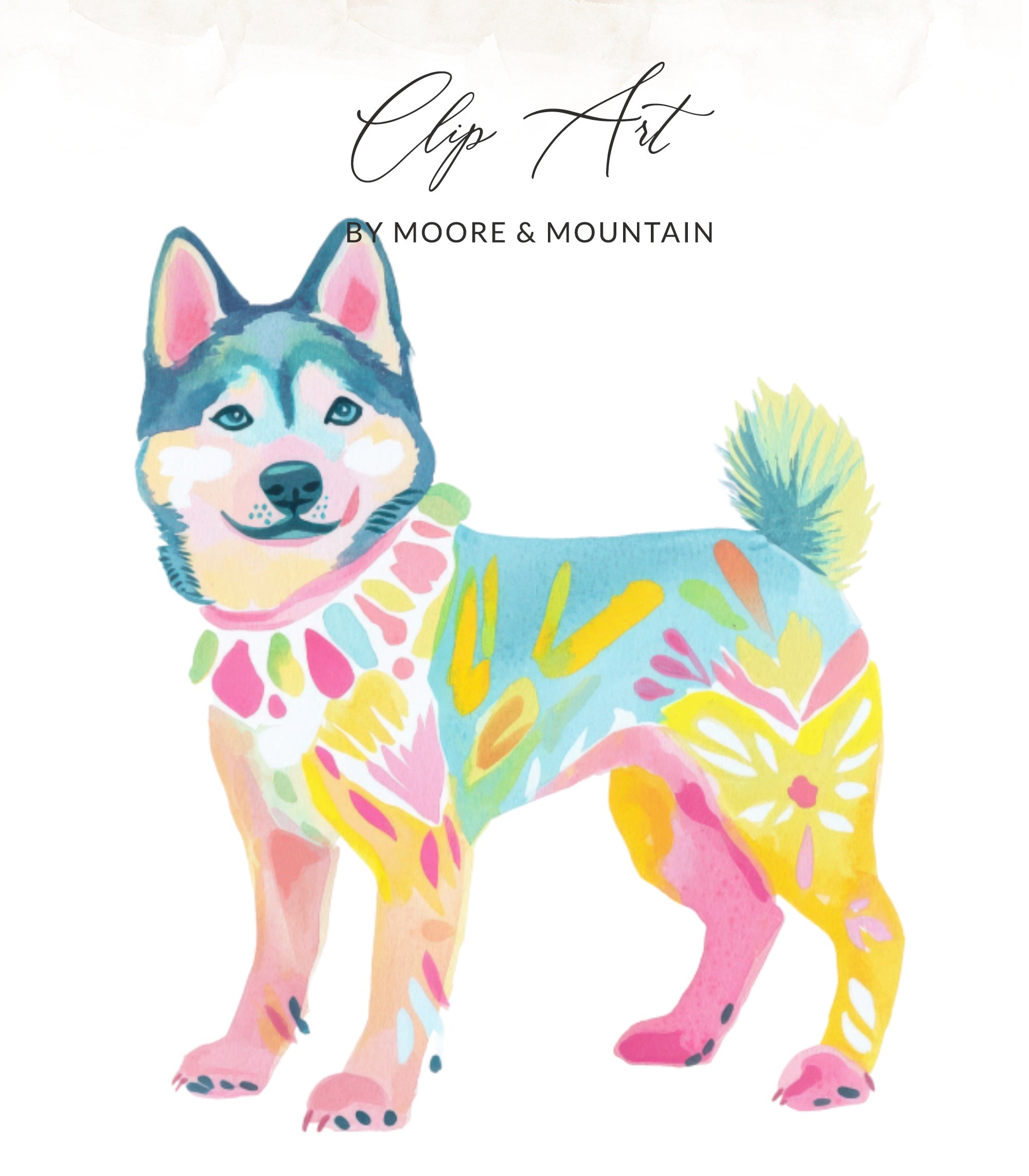 Husky dog illustration with colorful floral and abstract paint strokes.