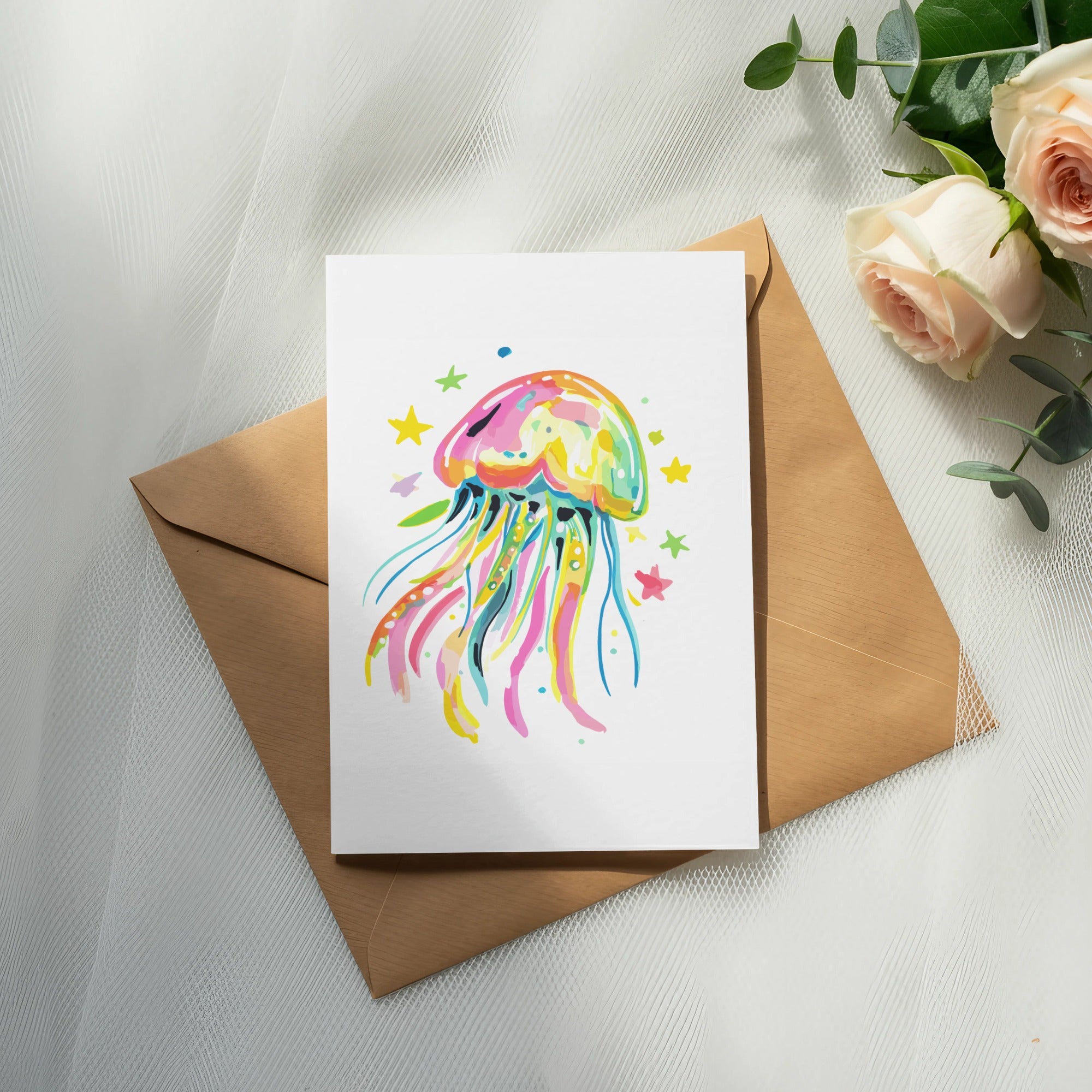 Watercolor jellyfish illustration on a card atop a brown envelope.