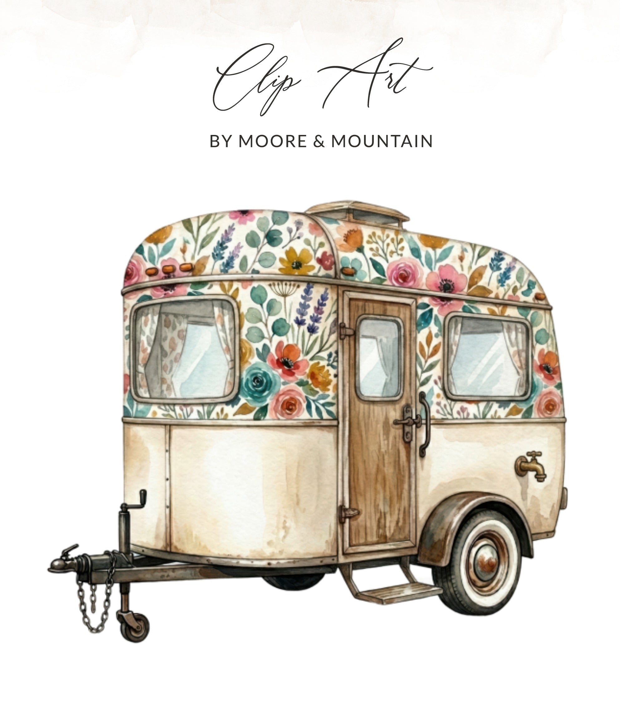 Watercolor illustration of a vintage camper trailer with floral patterns.