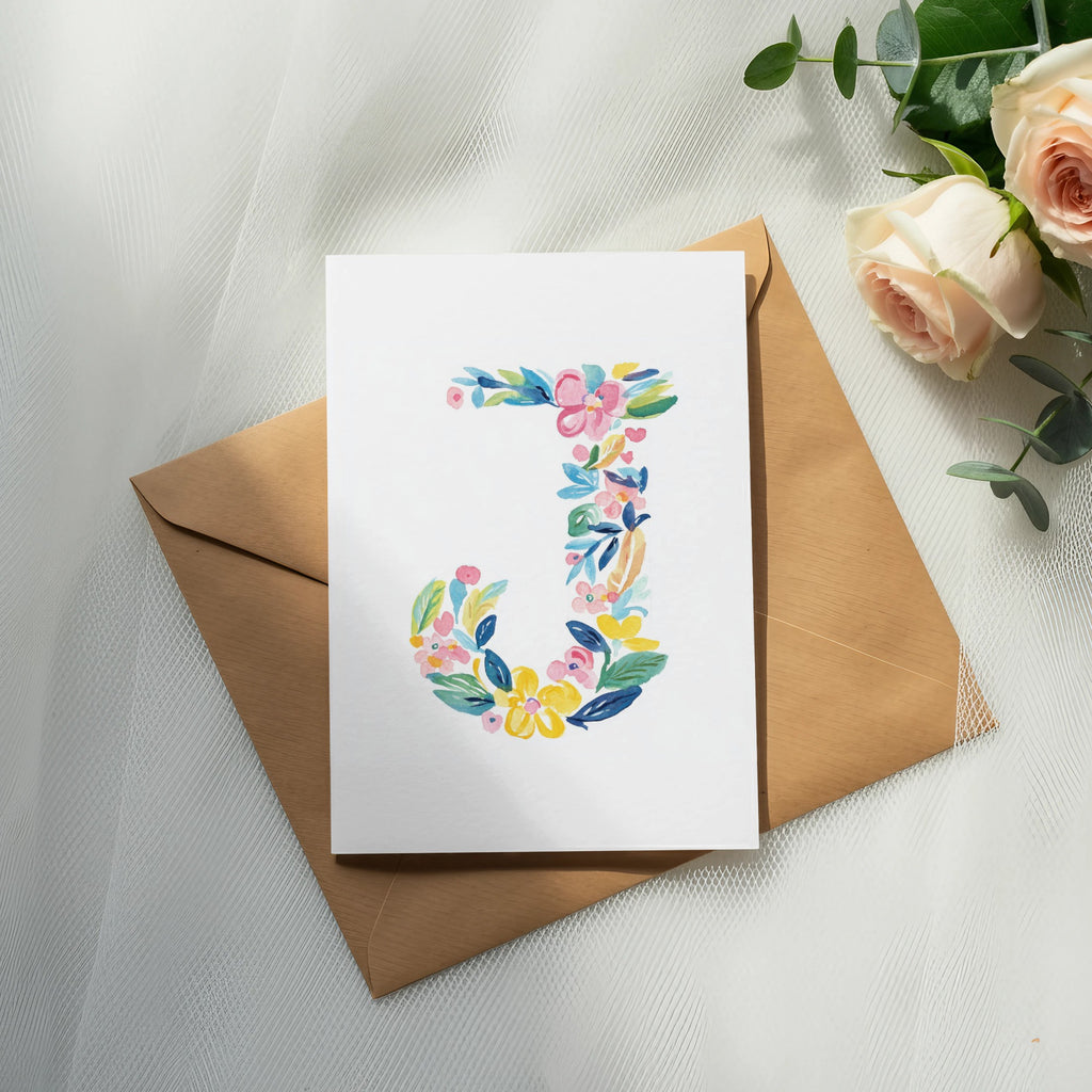 Watercolor letter J on card with roses and eucalyptus on brown envelope.