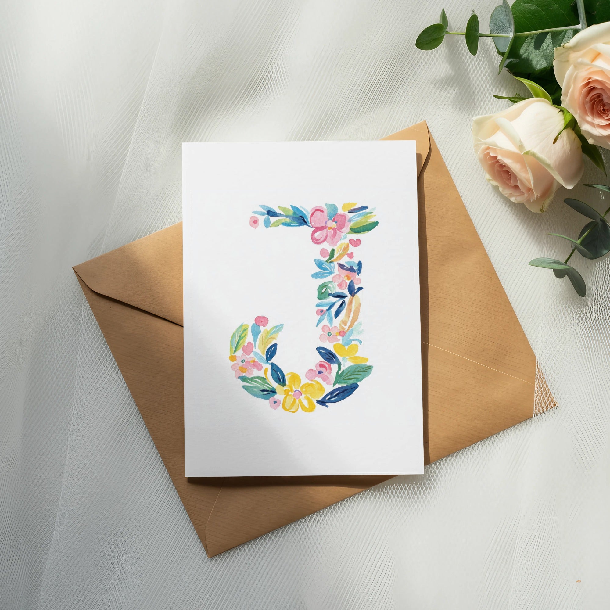 Watercolor letter J on card with roses and eucalyptus on brown envelope.