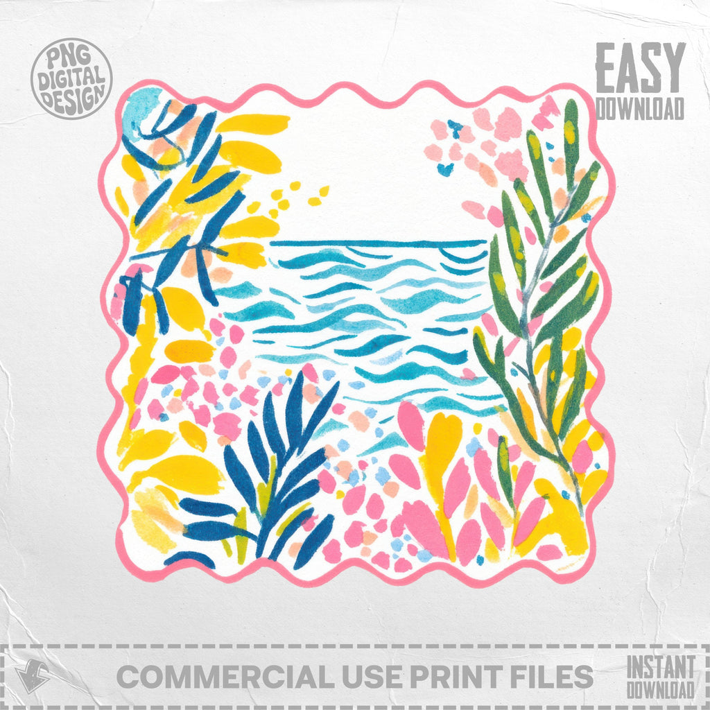 Illustration of a colorful abstract floral landscape with wavy water.