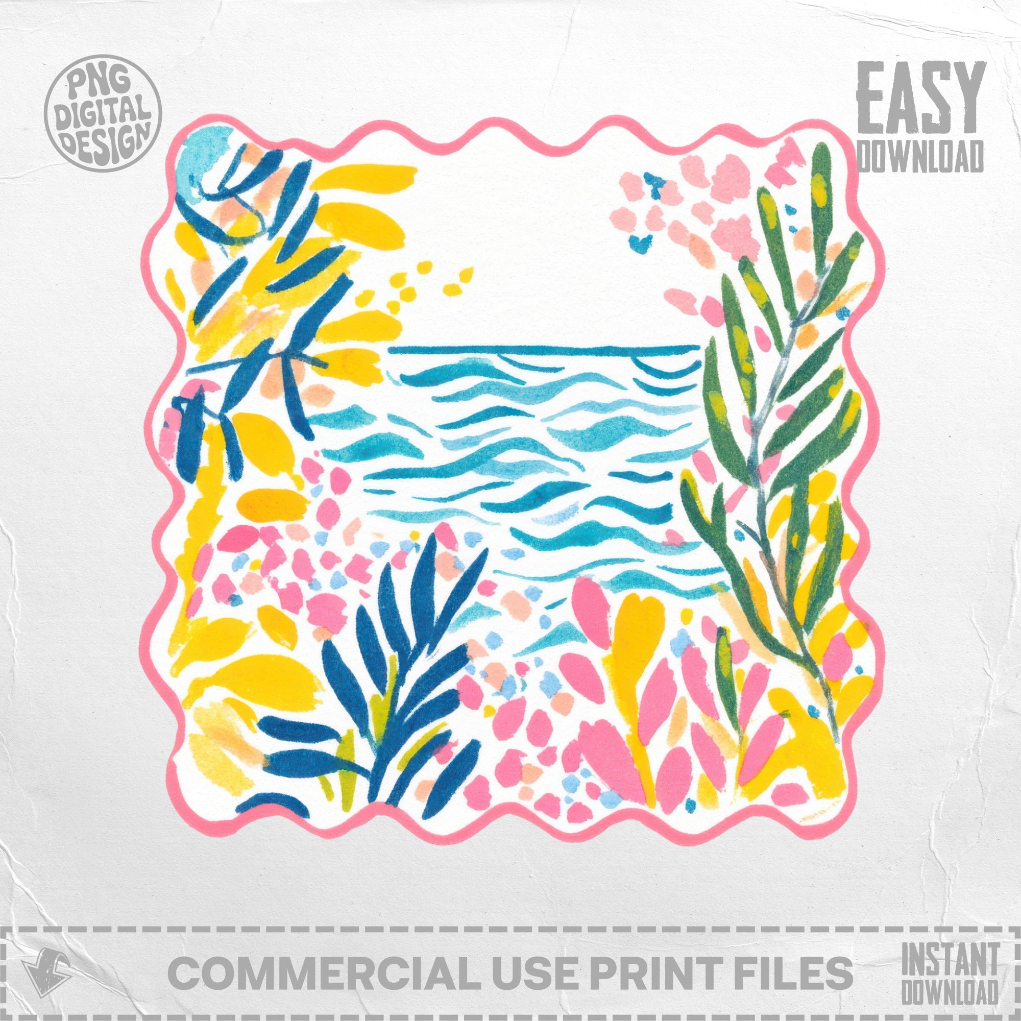 Illustration of a colorful abstract floral landscape with wavy water.