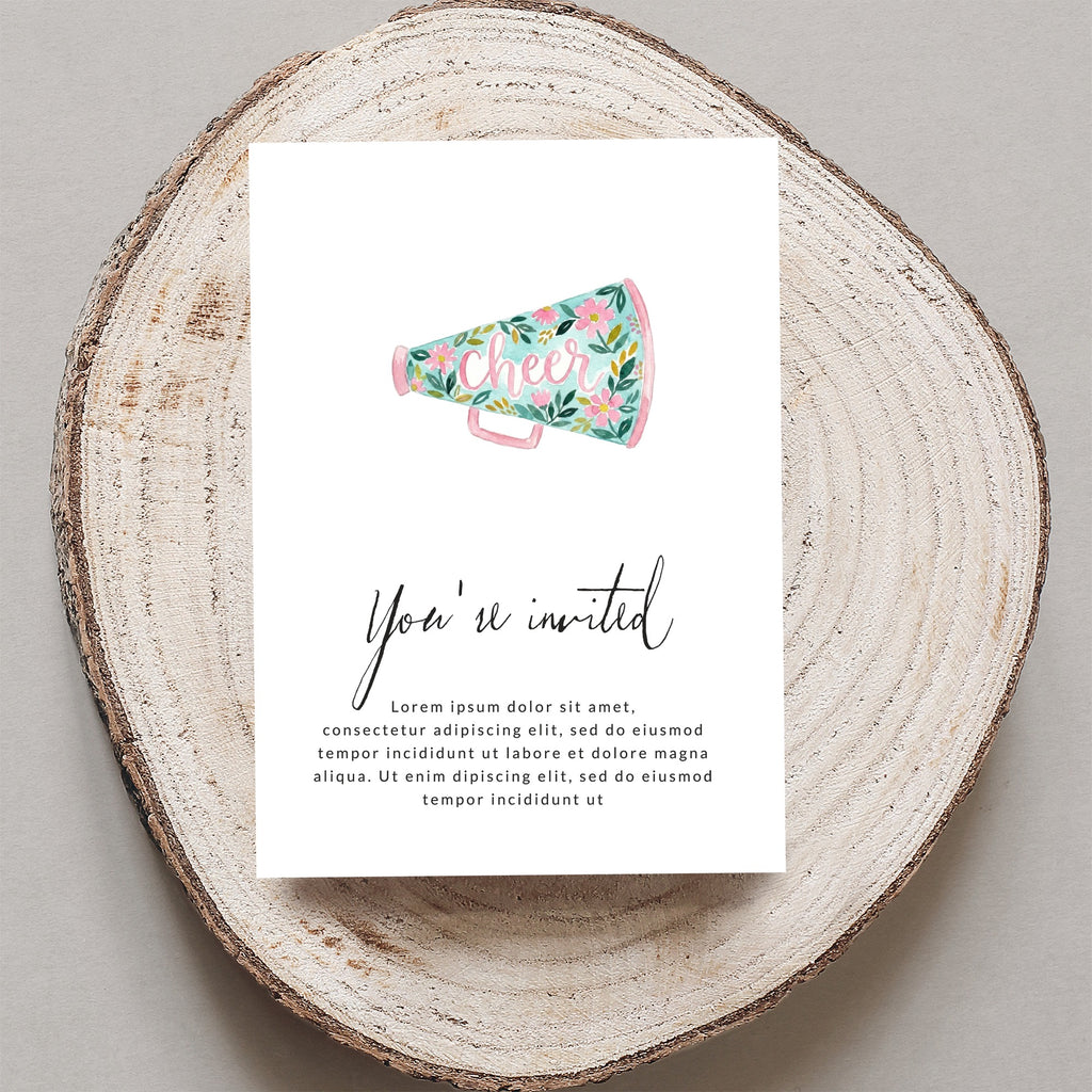 Cheer invitation with floral megaphone and "You're invited" text.