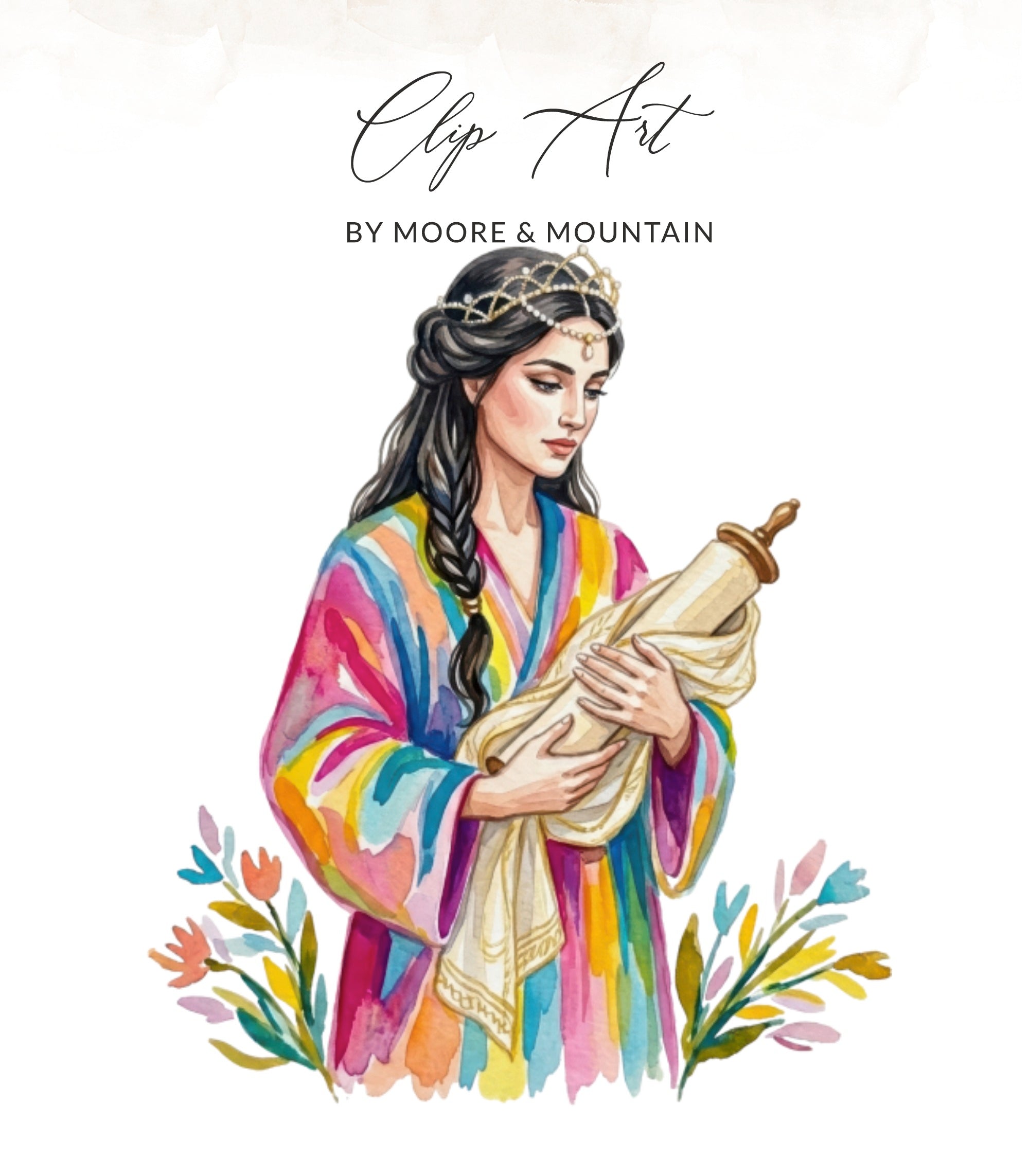Watercolor illustration of a woman in a colorful robe holding a scroll.