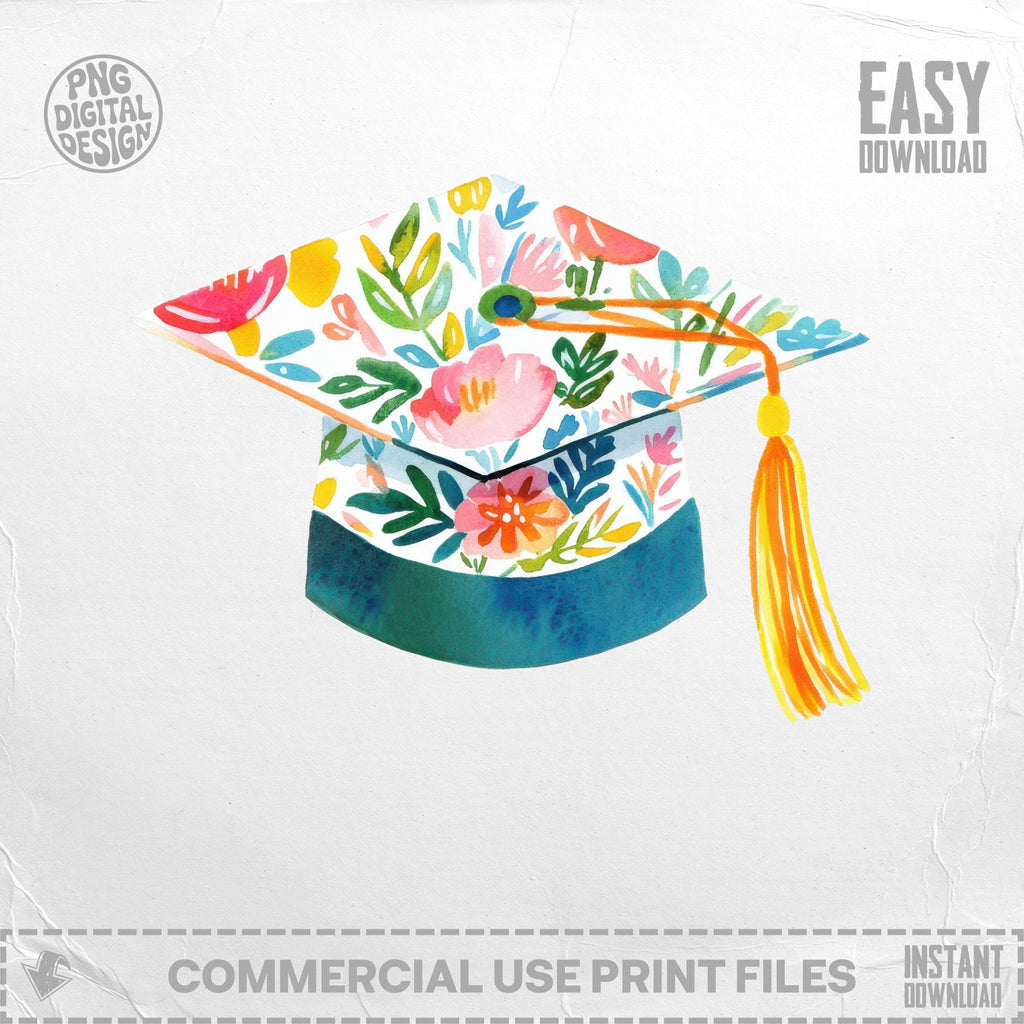Graduation cap with a floral watercolor design and yellow tassel.