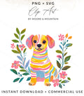 Colorful striped dog surrounded by flowers, PNG + SVG.