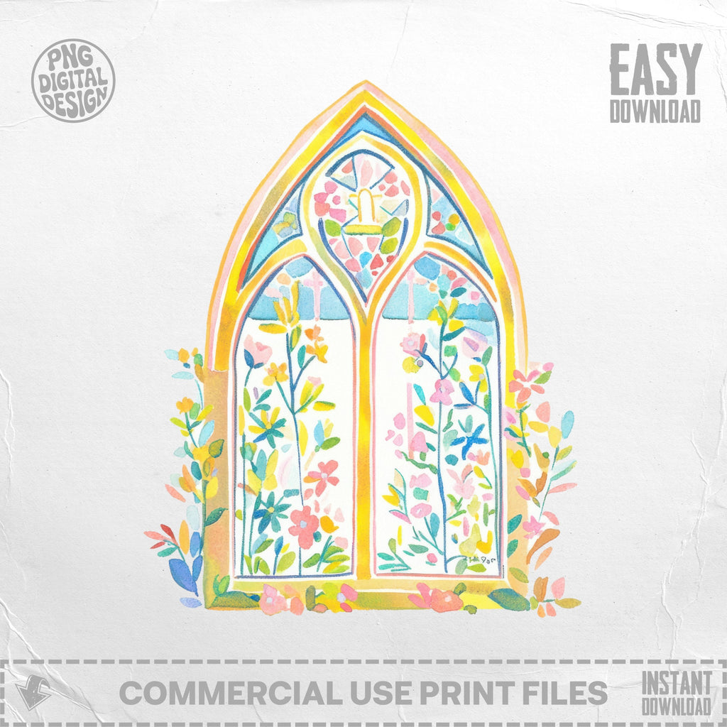 Watercolor illustration of a stained glass window with floral motifs.