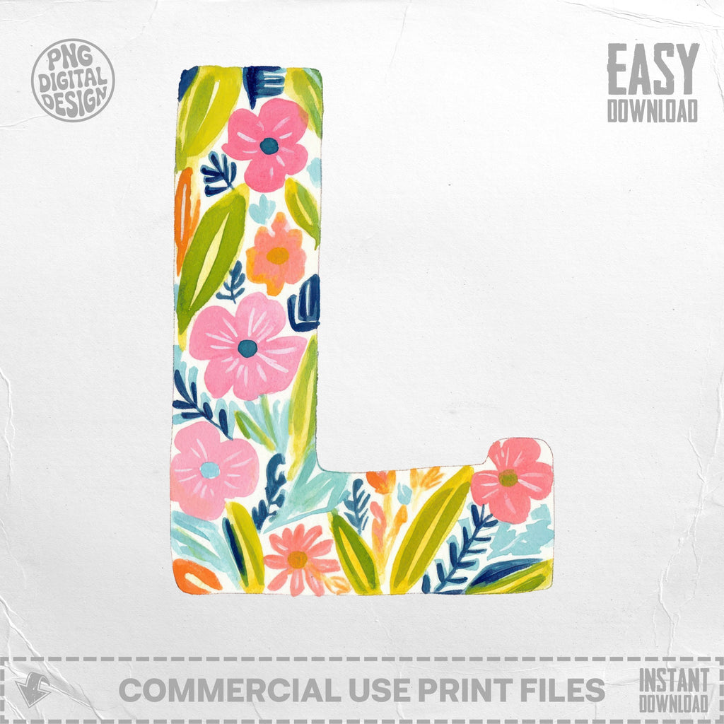 Floral letter L with "EASY DOWNLOAD" and "COMMERCIAL USE PRINT FILES" text.