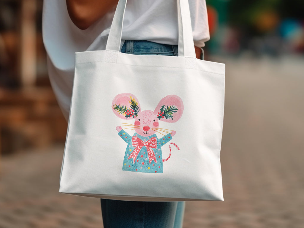 White tote bag with a cartoon mouse wearing a blue bow.