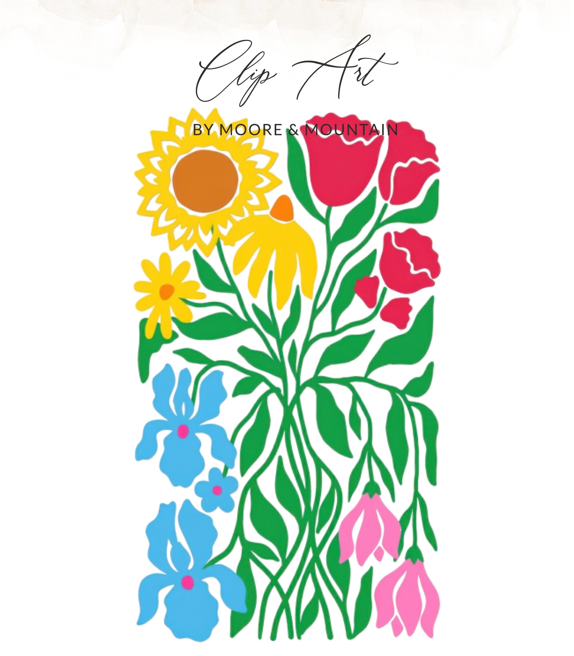 Clip Art by Moore & Mountain floral arrangement with sunflower, tulips, and irises.