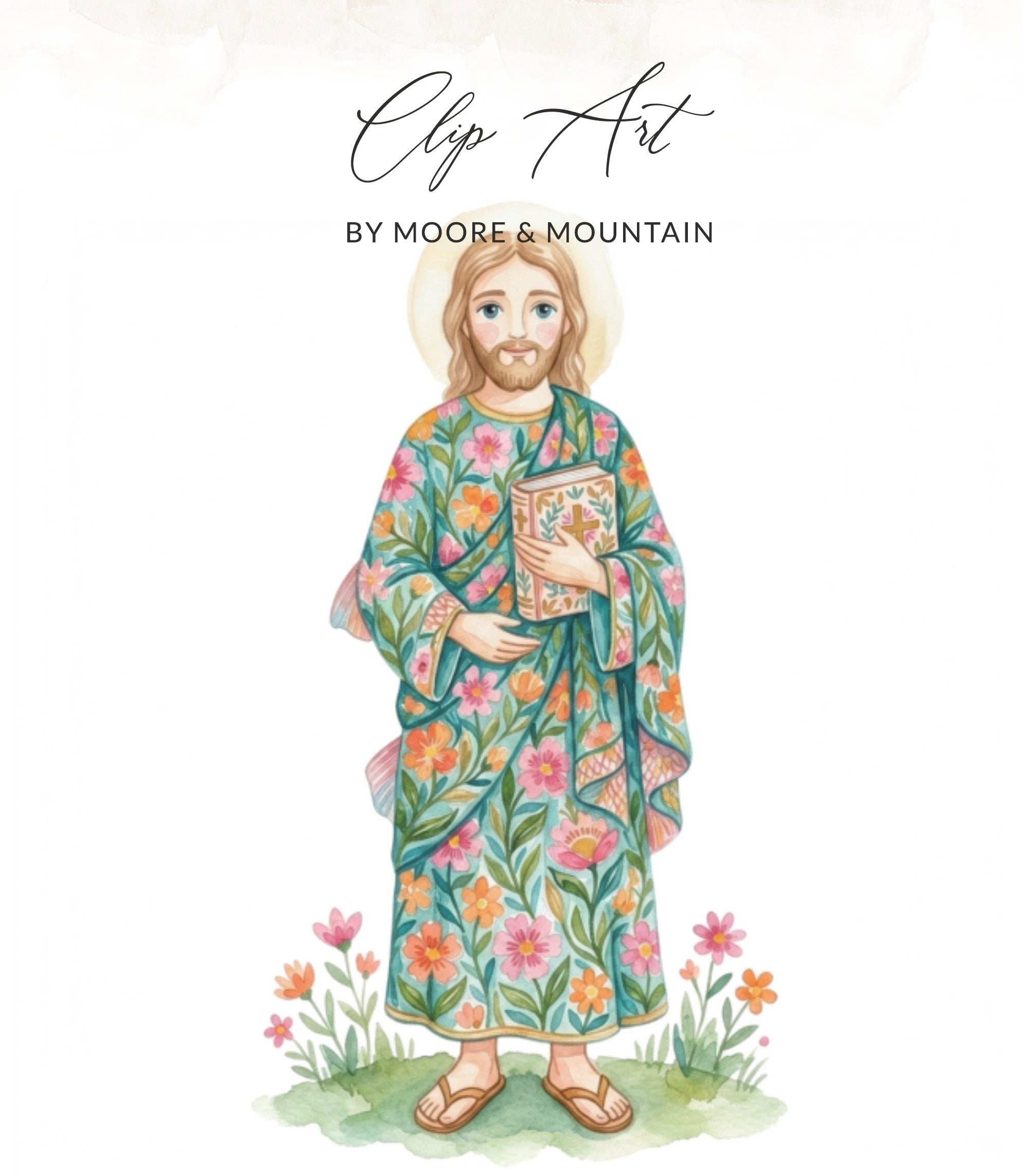Jesus holding a book, surrounded by flowers.