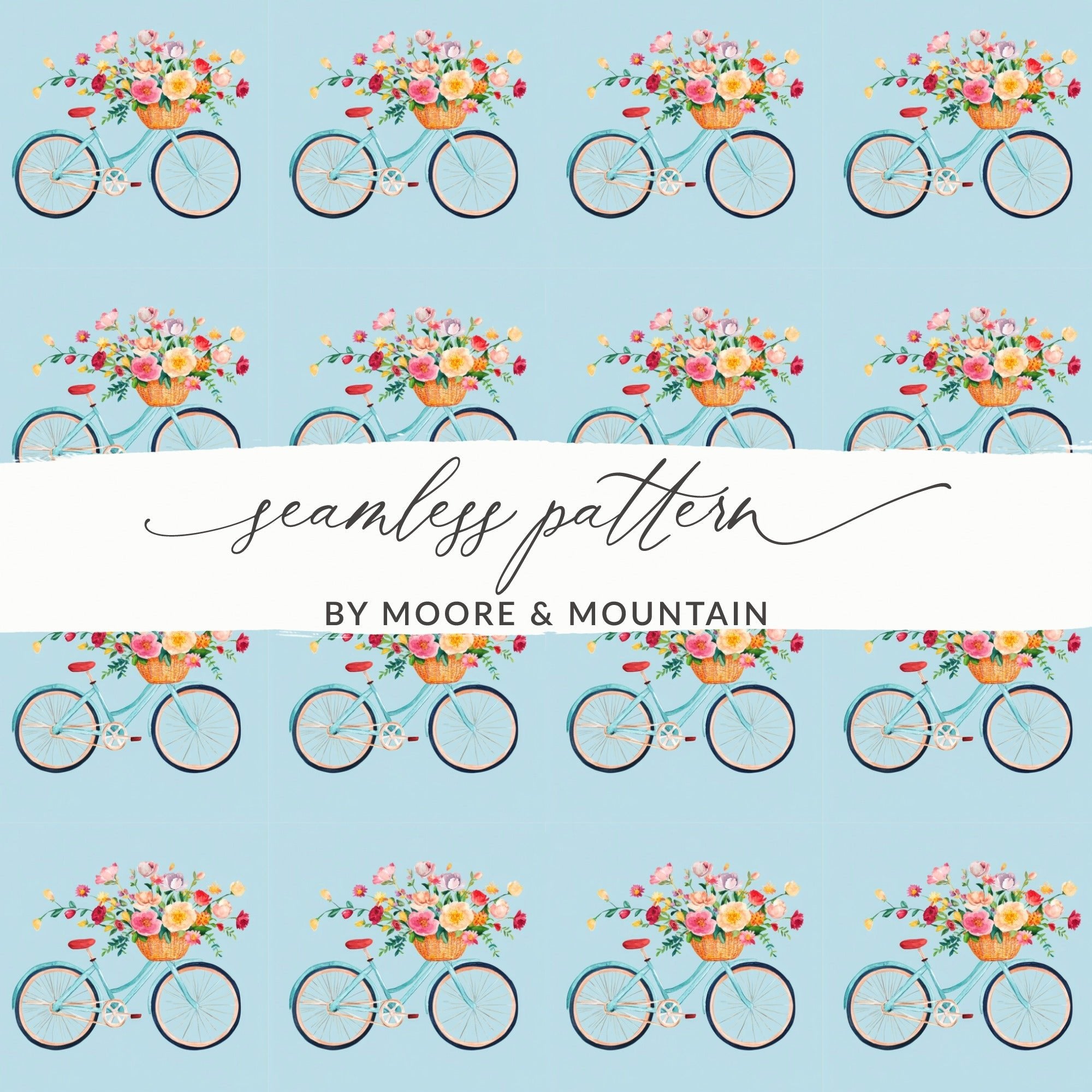 Bicycle Flower Basket Digital Paper, Seamless Pattern, Watercolor Bike Clipart, Floral Bike Design, Spring Digital Paper, Digital Download - Moore and Mountain