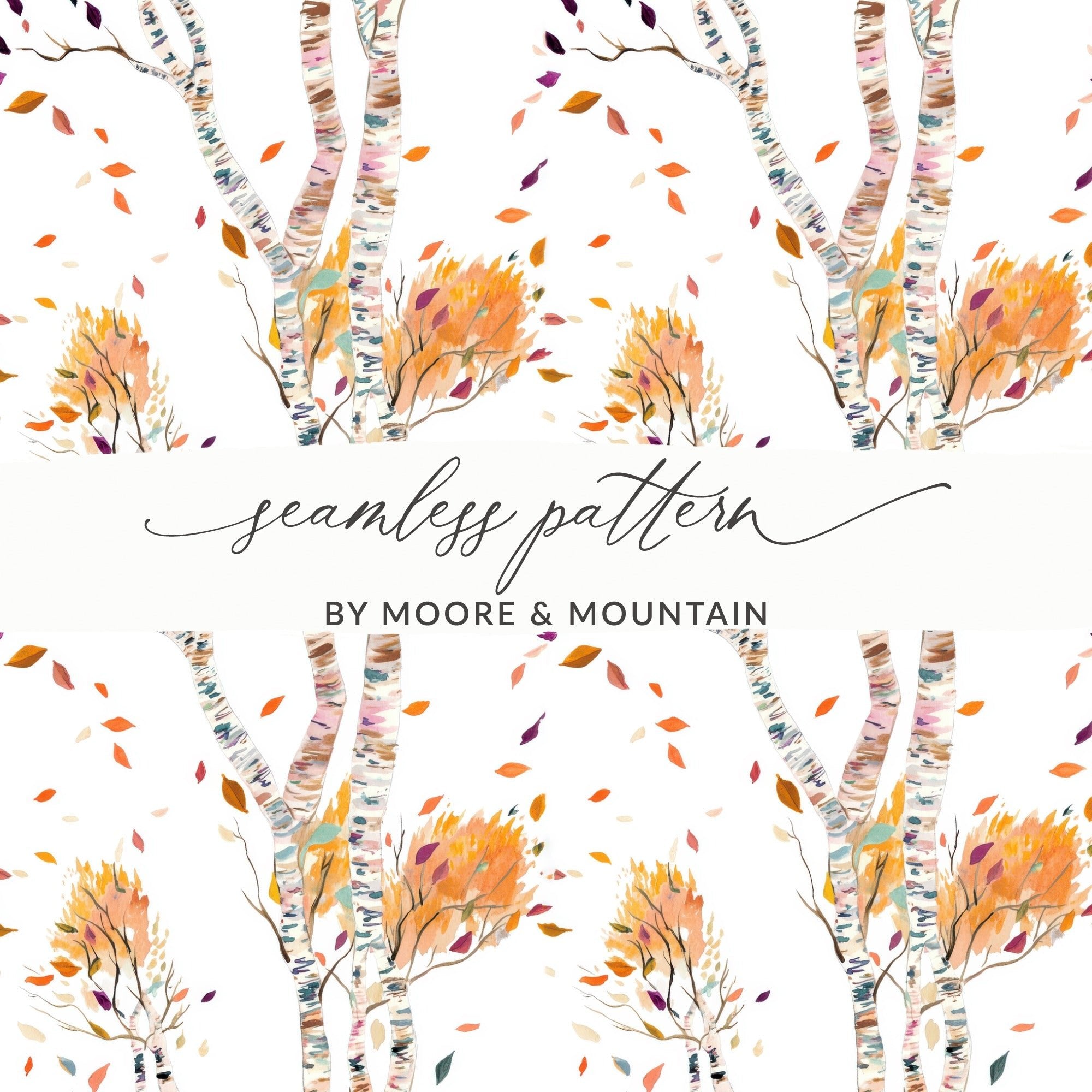 Birch Tree Digital Paper, Seamless Autumn Pattern, Fall Leaves Image, Watercolor Trees Digital Download, Printable Scrapbook Paper - Moore and Mountain