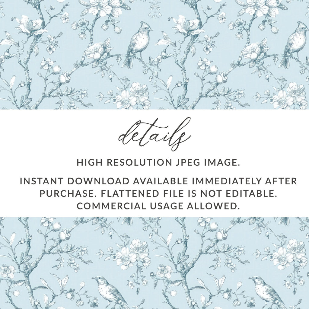 Bird and Blossom Digital Paper, Seamless Floral Pattern, Light Blue Digital Texture, Printable Fabric Design, Scrapbooking, Digital - Moore and Mountain