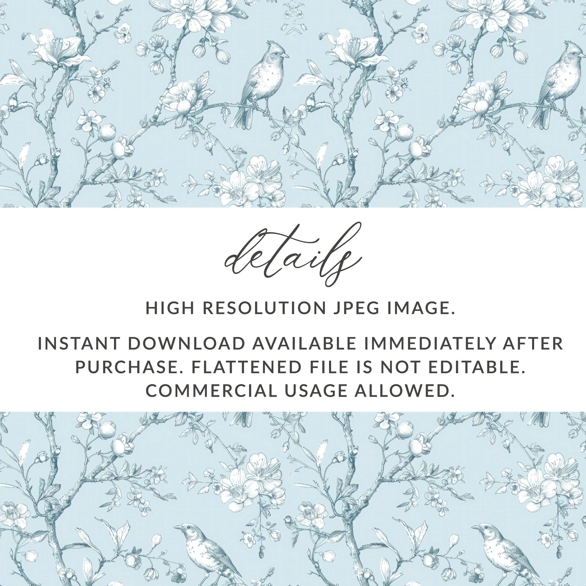 Bird and Blossom Digital Paper, Seamless Floral Pattern, Light Blue Digital Texture, Printable Fabric Design, Scrapbooking, Digital - Moore and Mountain