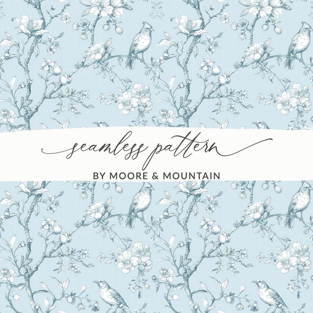 Bird and Blossom Digital Paper, Seamless Floral Pattern, Light Blue Digital Texture, Printable Fabric Design, Scrapbooking, Digital - Moore and Mountain