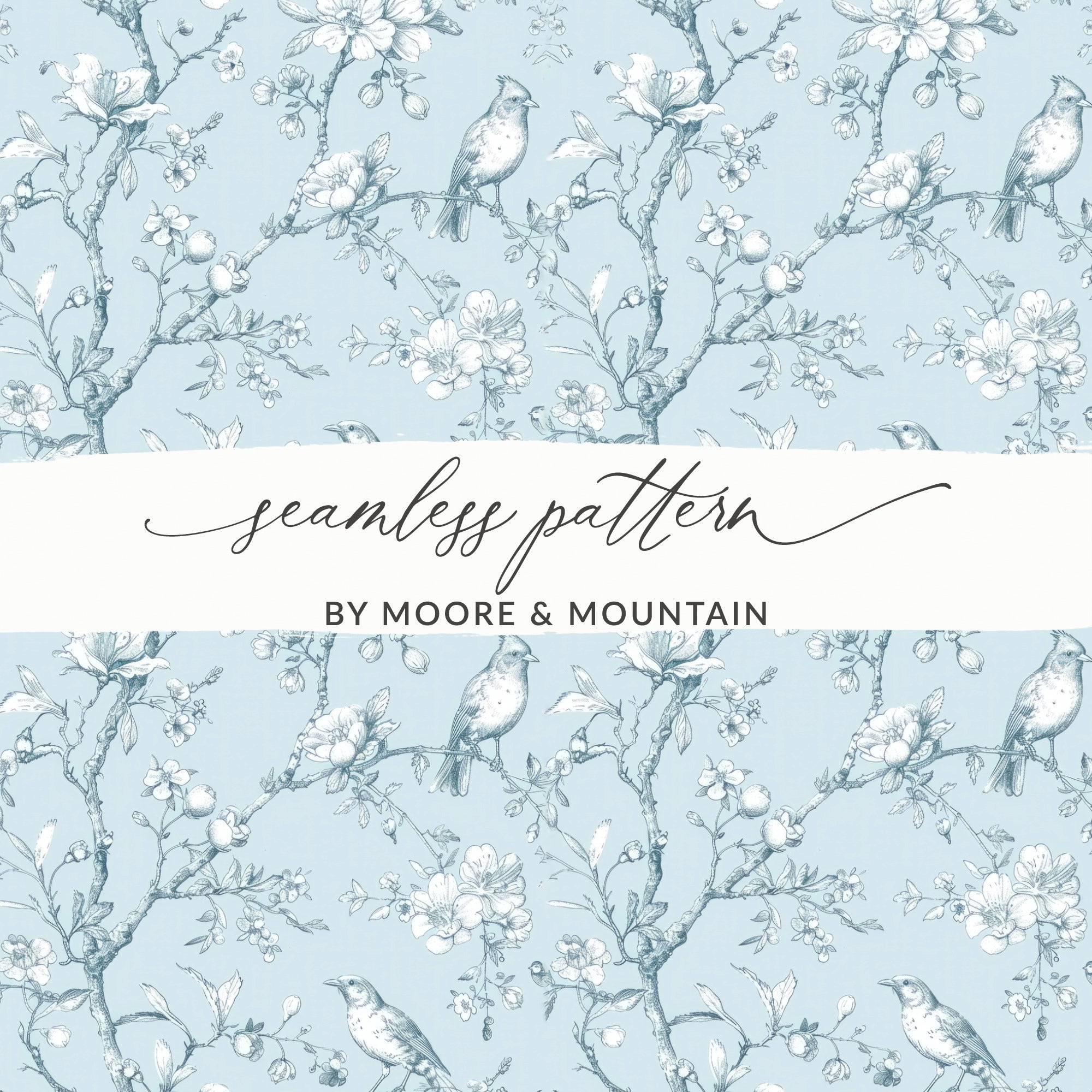 Bird and Blossom Digital Paper, Seamless Floral Pattern, Light Blue Digital Texture, Printable Fabric Design, Scrapbooking, Digital - Moore and Mountain