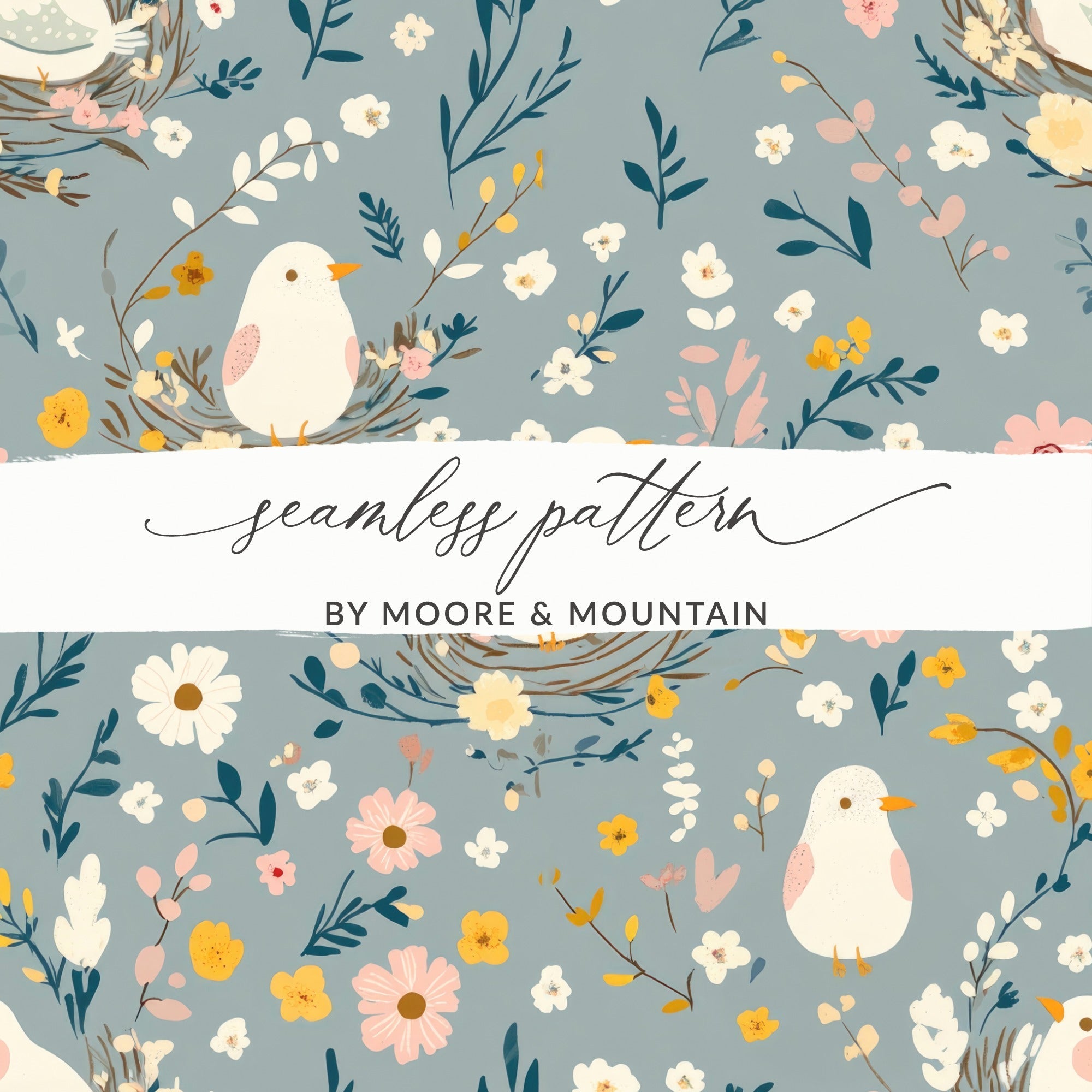 Bird and Blossom Digital Paper, Seamless Pattern File, Floral Nest Print, Nursery Decor Download, Scrapbooking Digital, Spring Pattern - Moore and Mountain