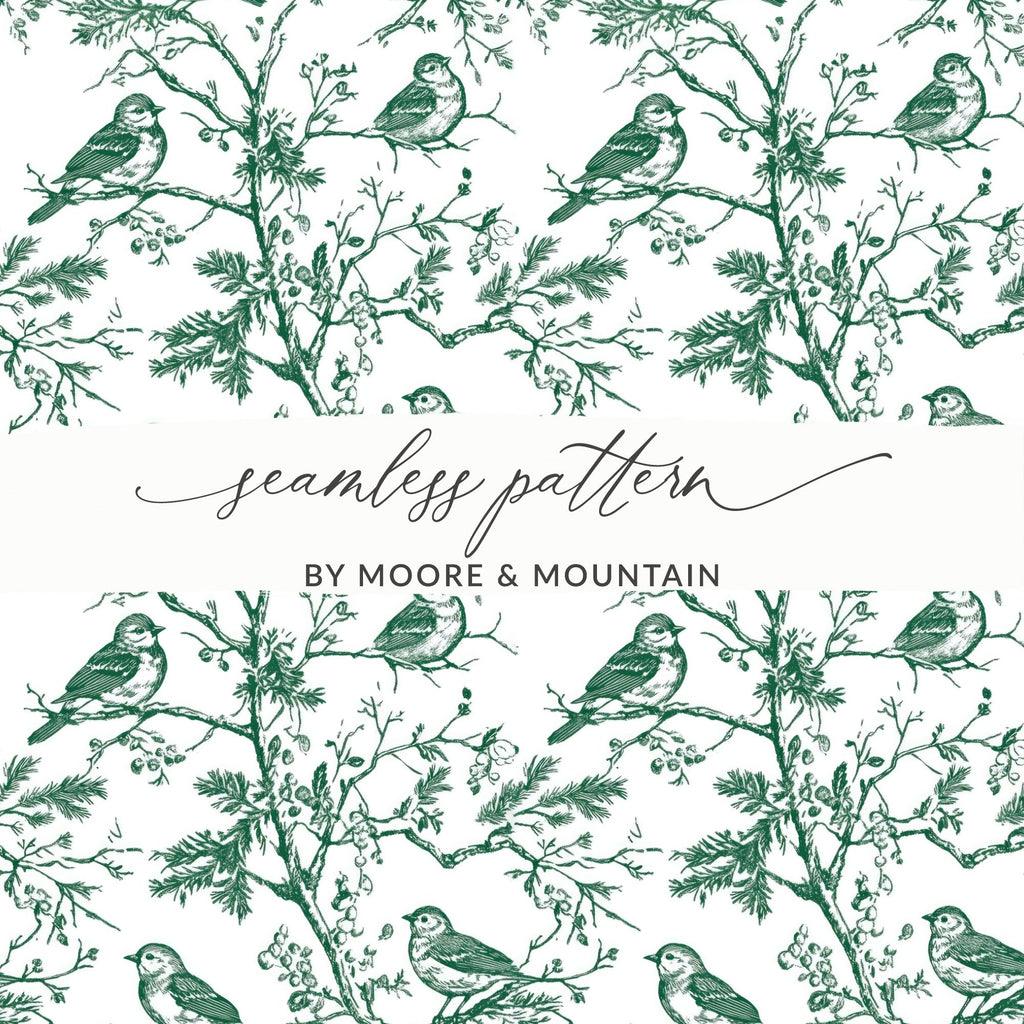 Bird Branch Seamless Pattern, Green on White, Digital Paper, Fabric Design, Scrapbooking, Printable, Floral Pattern, Nature Inspired Art - Moore and Mountain