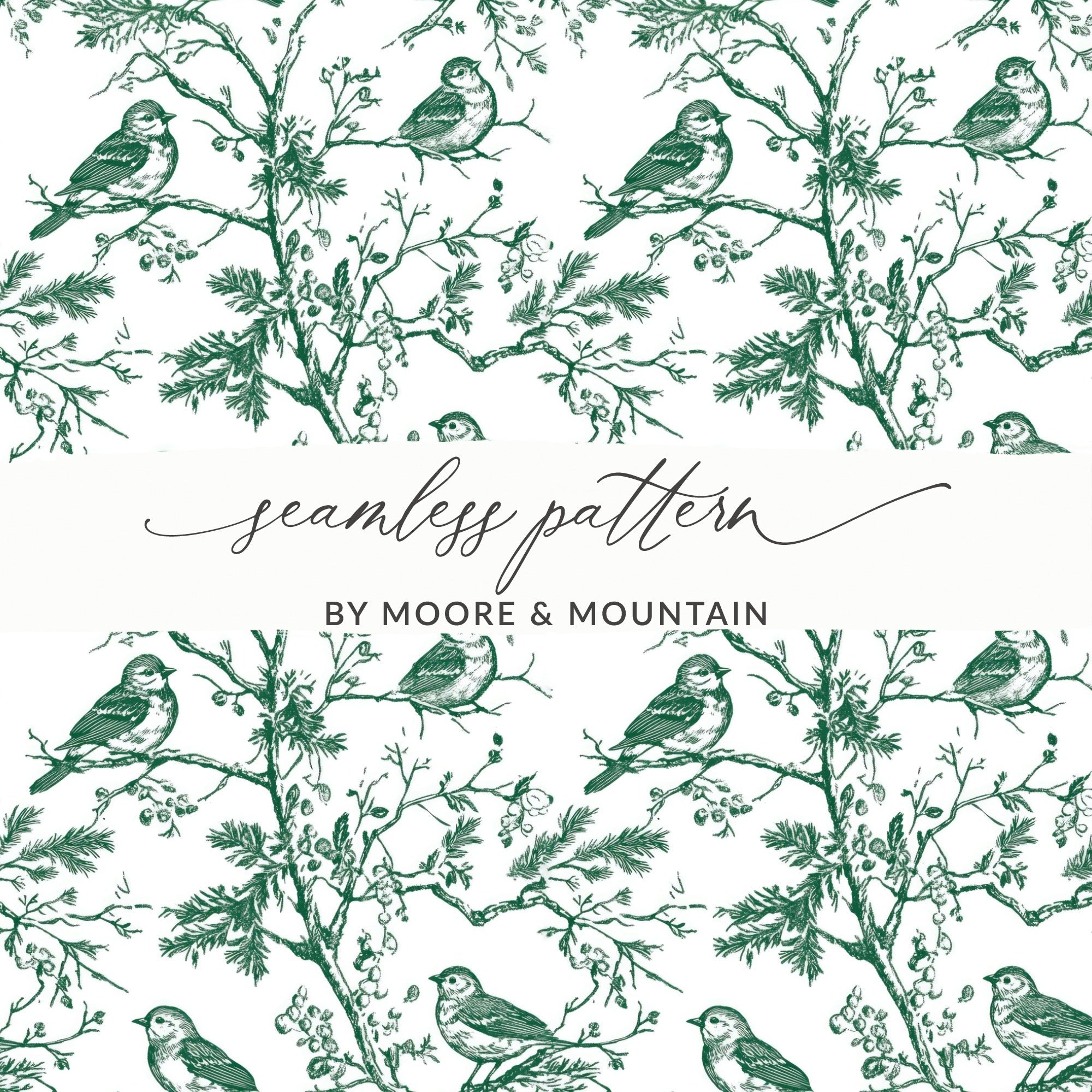 Bird Branch Seamless Pattern, Green on White, Digital Paper, Fabric Design, Scrapbooking, Printable, Floral Pattern, Nature Inspired Art - Moore and Mountain