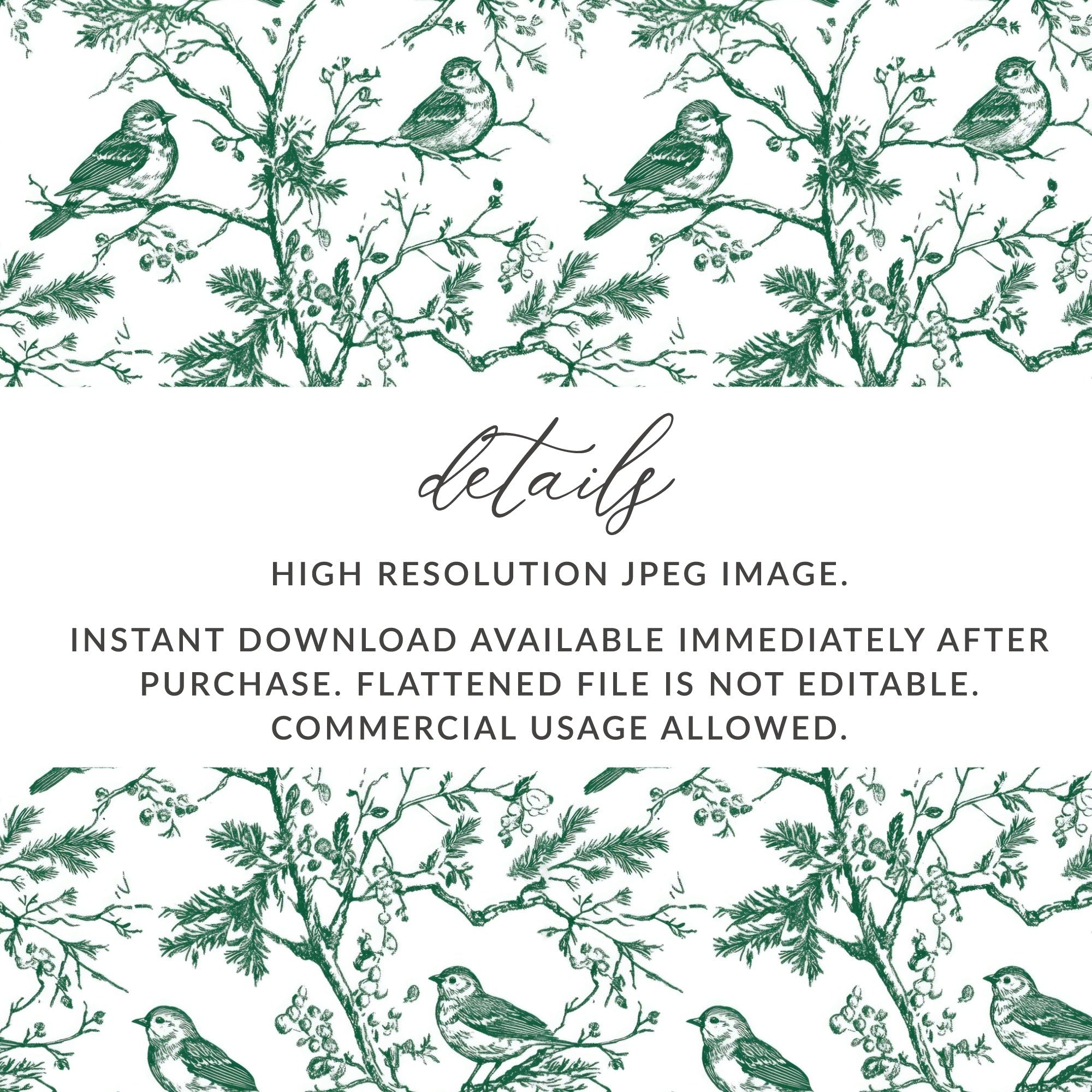 Bird Branch Seamless Pattern, Green on White, Digital Paper, Fabric Design, Scrapbooking, Printable, Floral Pattern, Nature Inspired Art - Moore and Mountain