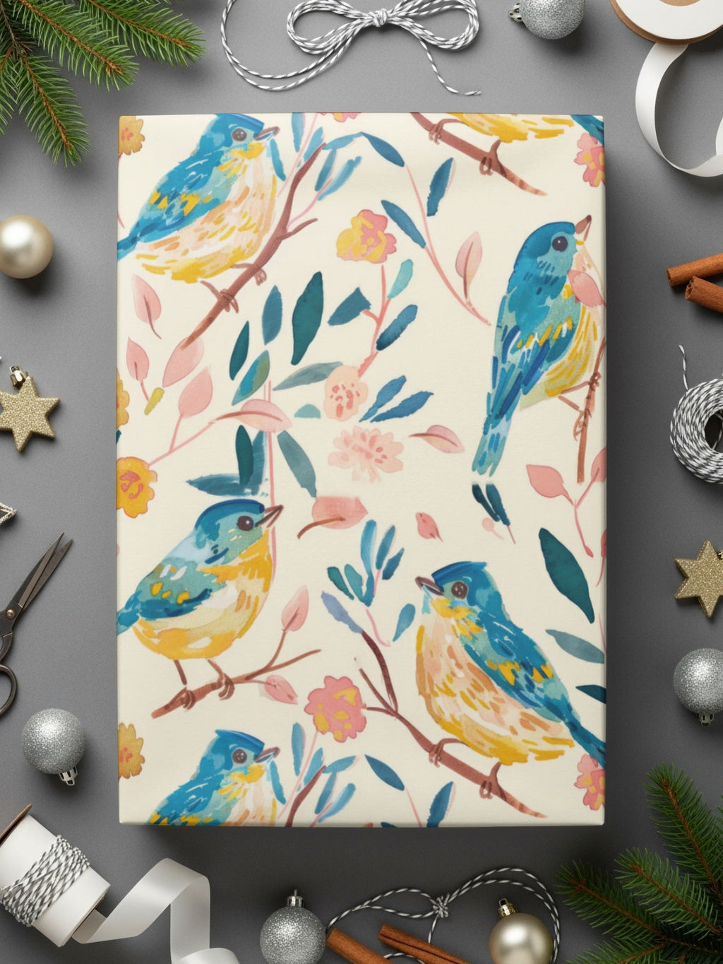 Bird Floral Seamless Digital Pattern, Watercolor Bird Illustration, Blue Yellow Bird Design, Repeating Pattern Fabric, Digital Files - Moore and Mountain