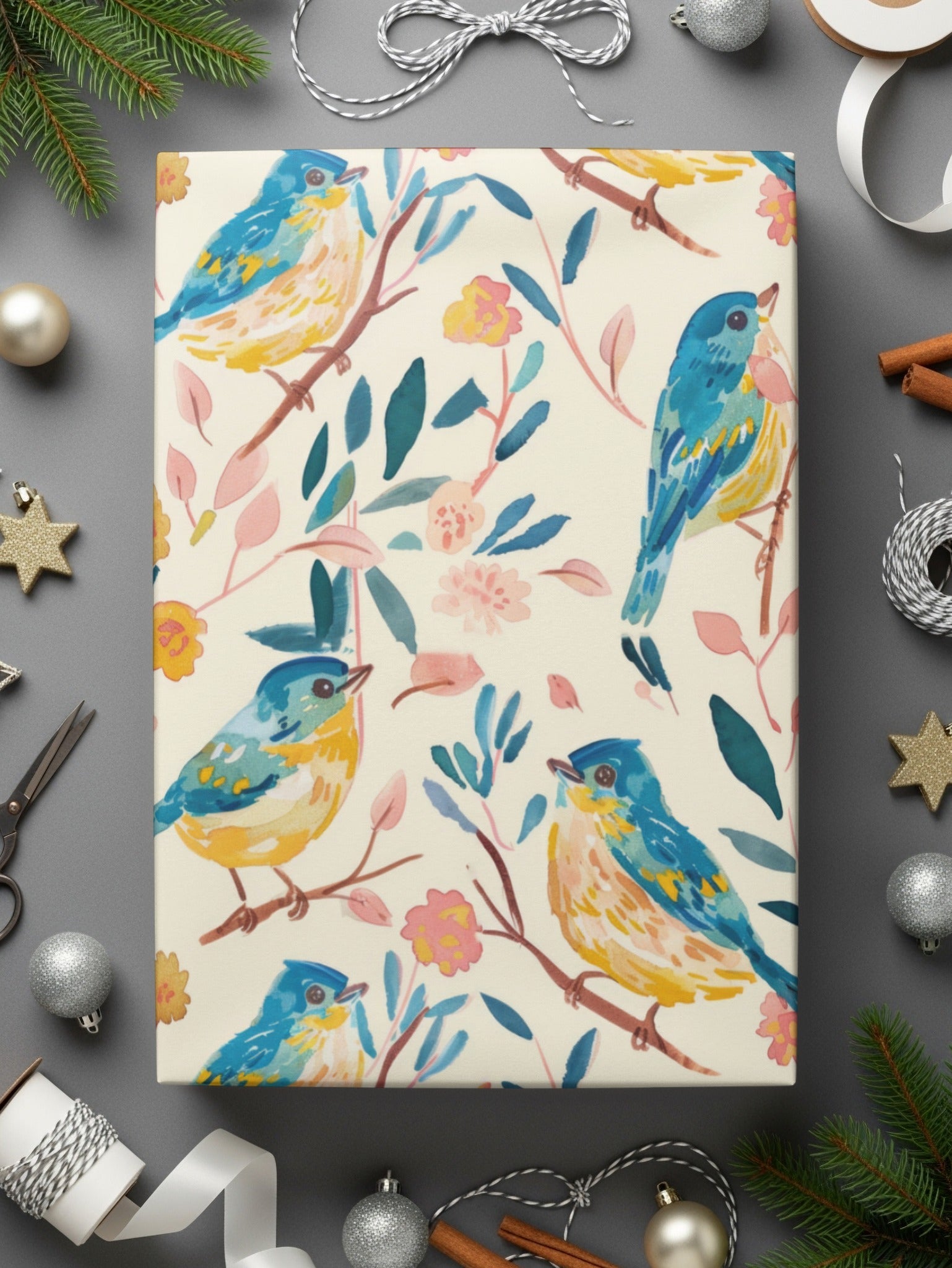 Bird Floral Seamless Digital Pattern, Watercolor Bird Illustration, Blue Yellow Bird Design, Repeating Pattern Fabric, Digital Files - Moore and Mountain