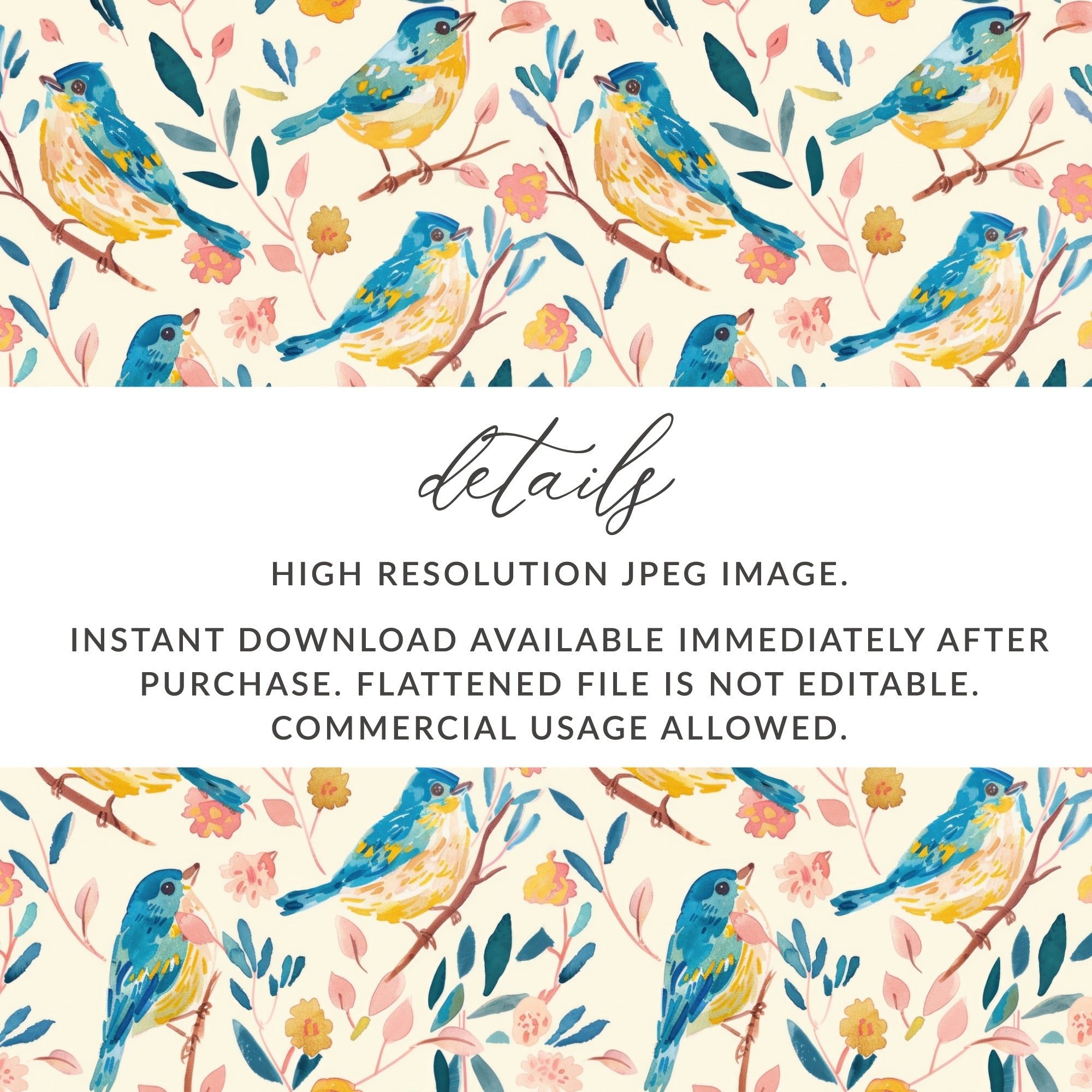 Bird Floral Seamless Digital Pattern, Watercolor Bird Illustration, Blue Yellow Bird Design, Repeating Pattern Fabric, Digital Files - Moore and Mountain