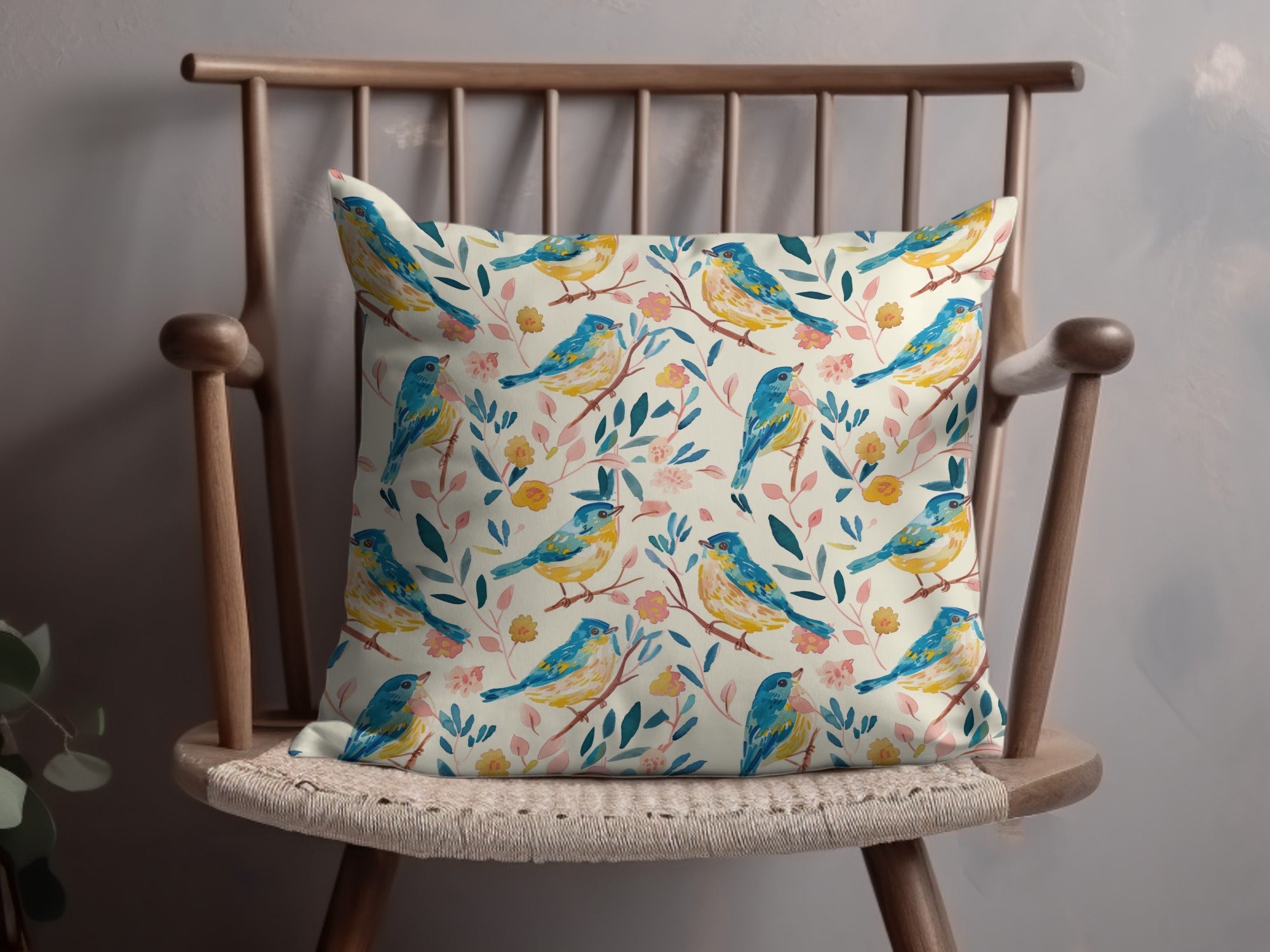 Bird Floral Seamless Digital Pattern, Watercolor Bird Illustration, Blue Yellow Bird Design, Repeating Pattern Fabric, Digital Files - Moore and Mountain